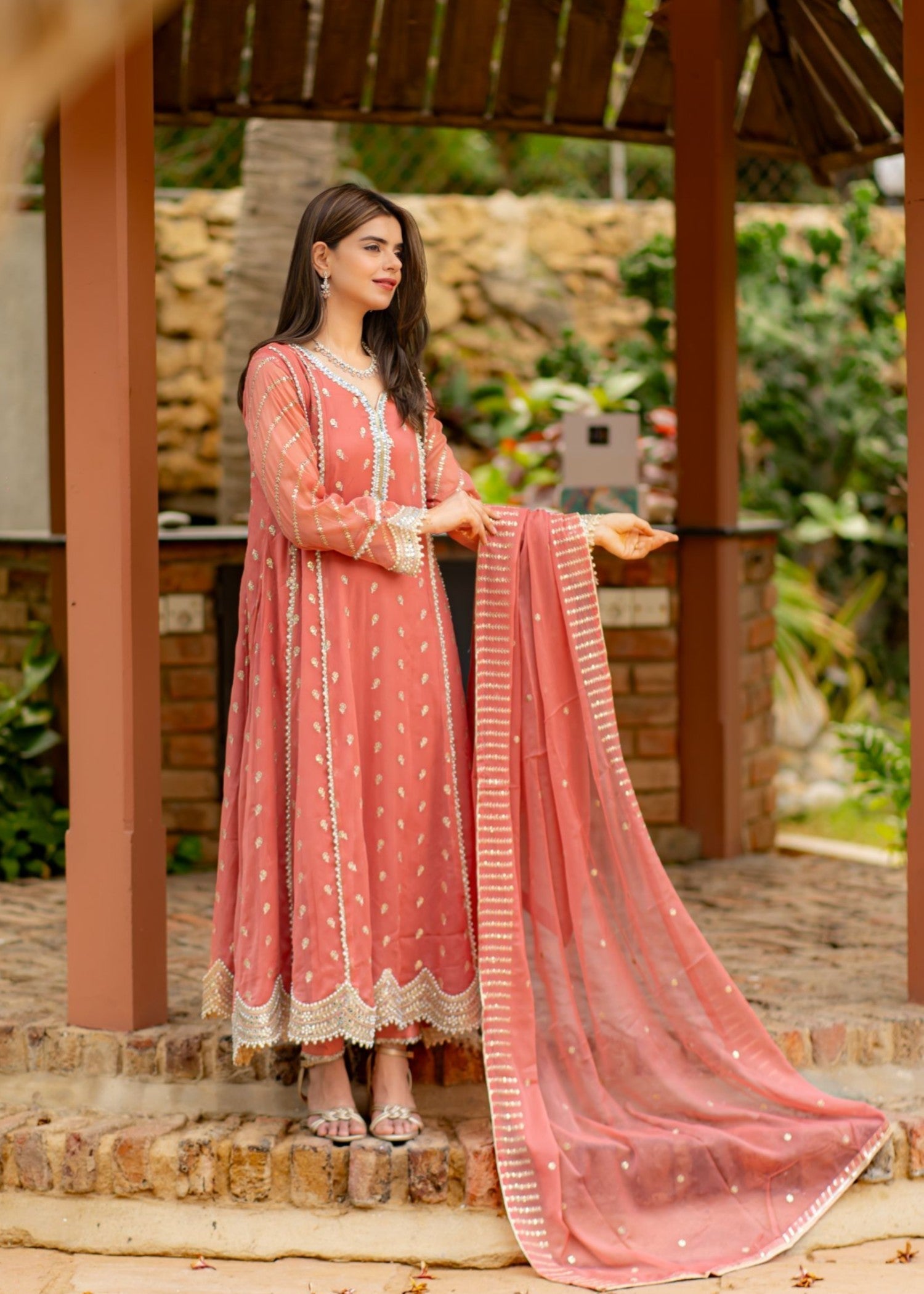 chiffon Pishwas in Peach pink