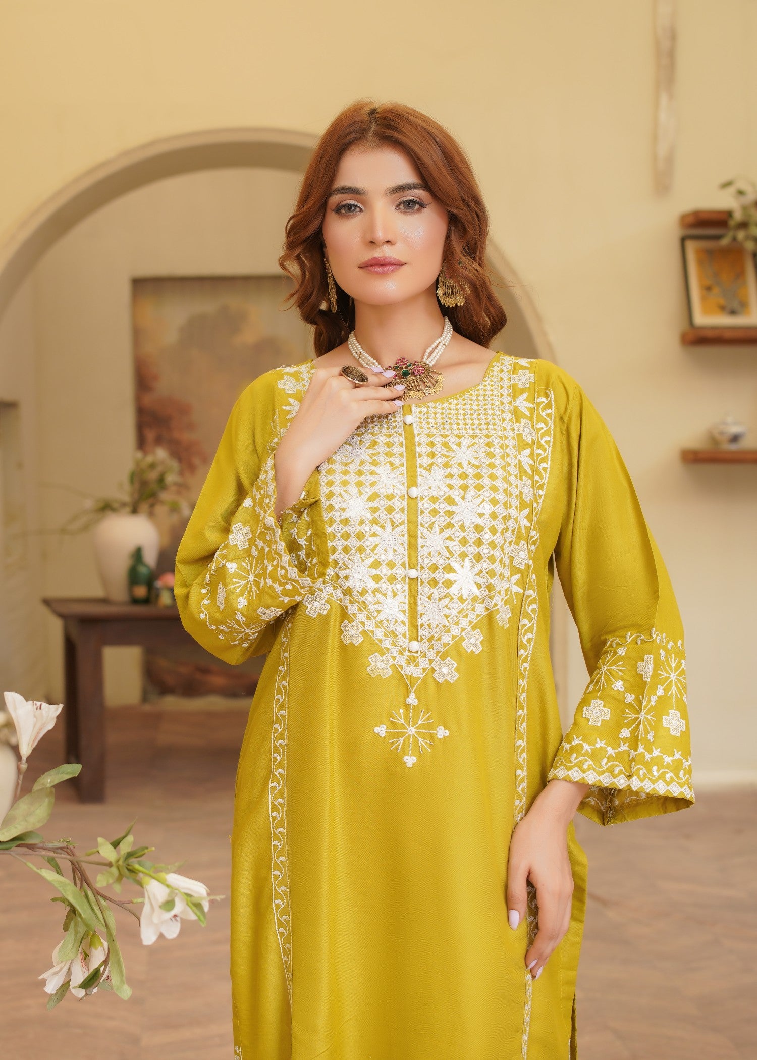 linen Kurta Set in White, acid yellow