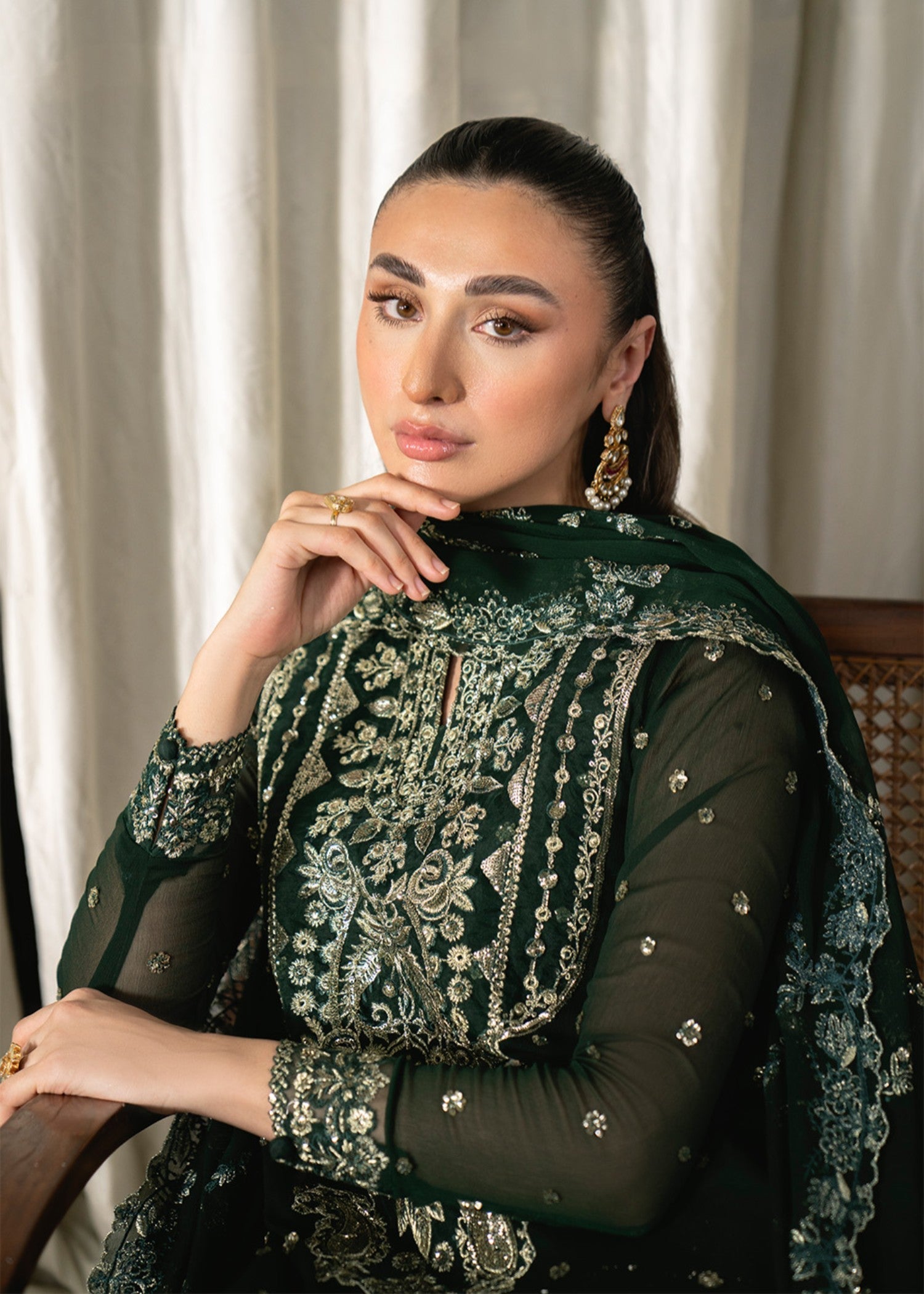 chiffon Kurta Set in Hunter green