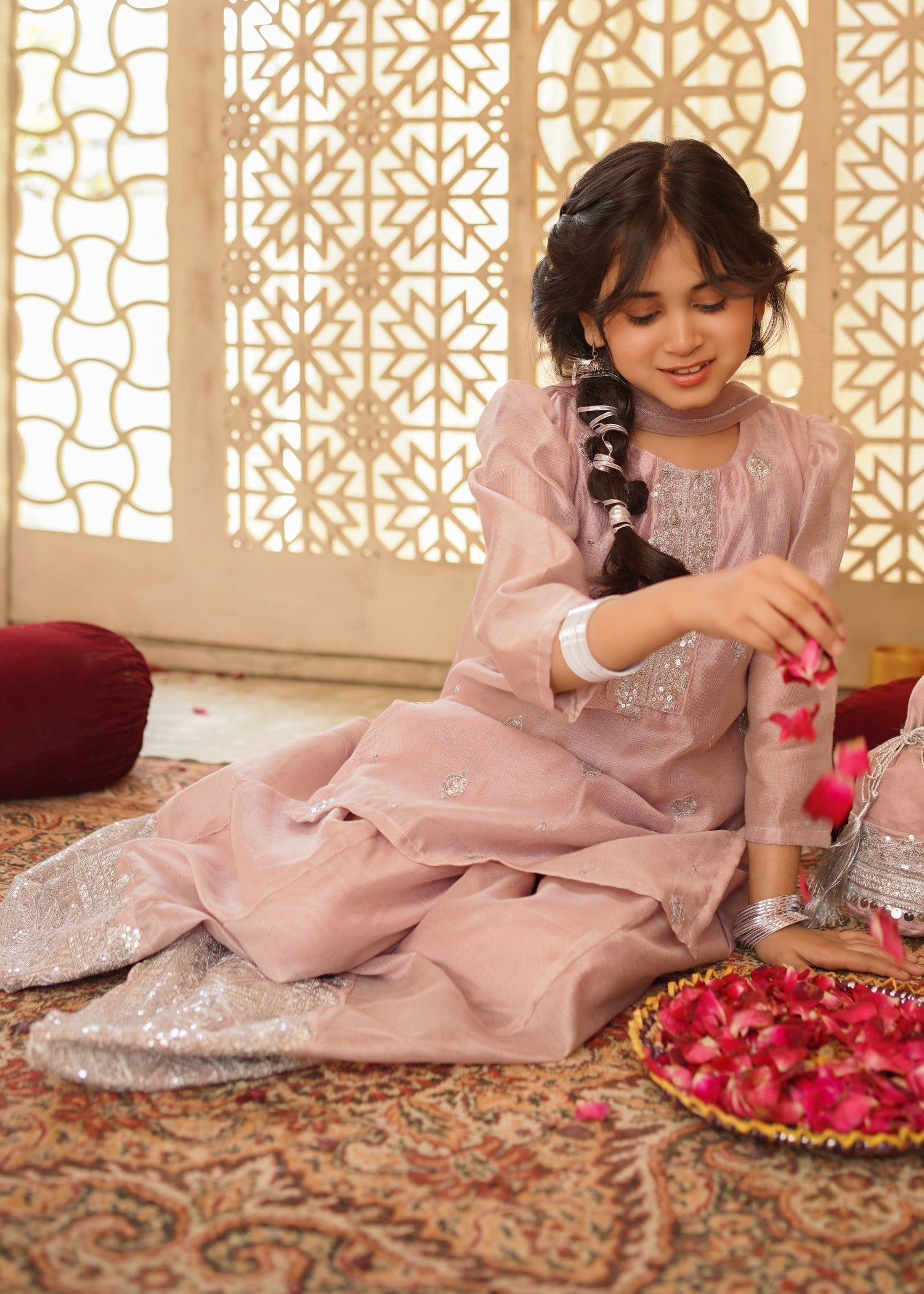 cotton net Sharara in Tea rose pink