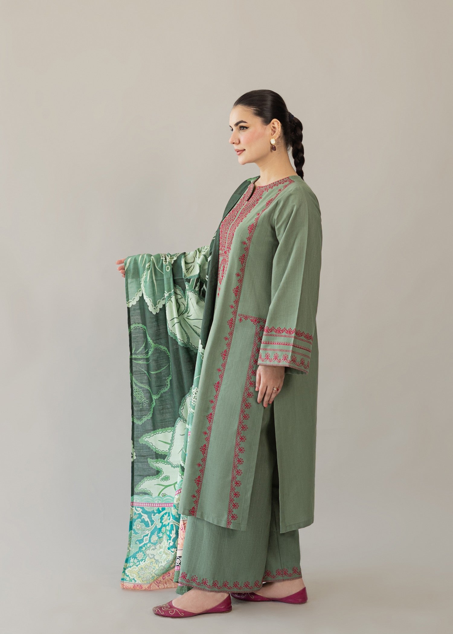 slub khaddar Kurta Set in Shocking pink, moss green