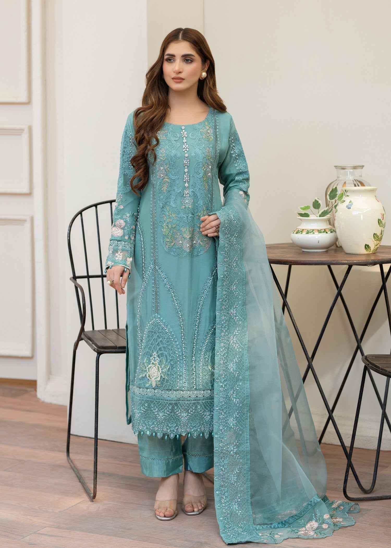 chiffon Kurta Set in Dark cyan