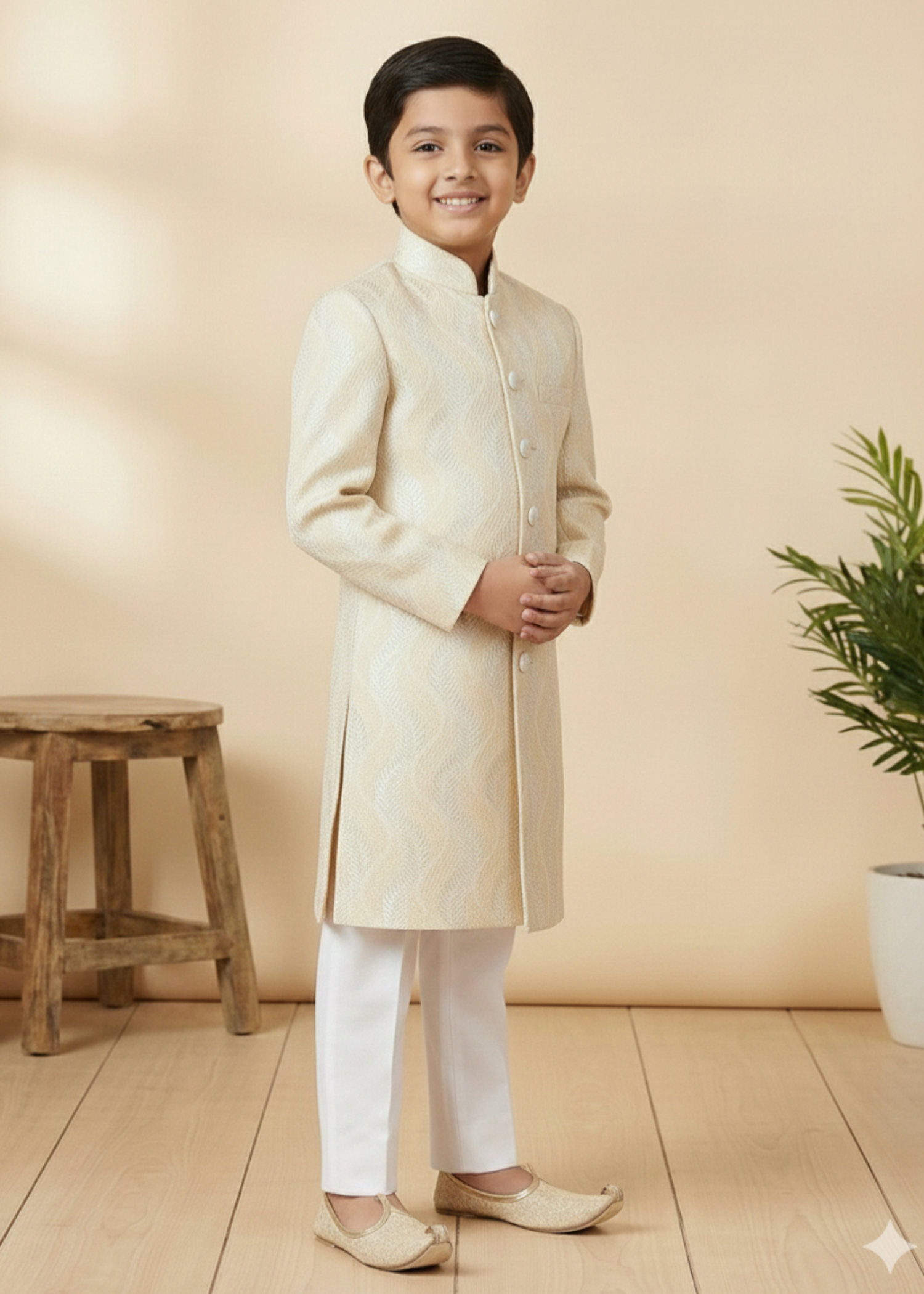jamawar Sherwani in Cream