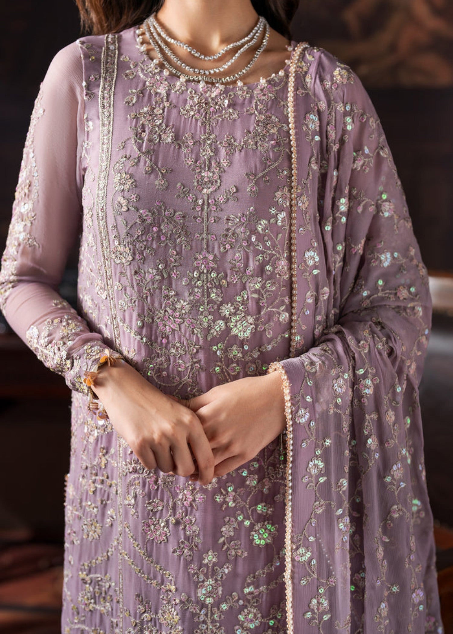 net Kurta Set in Lilac