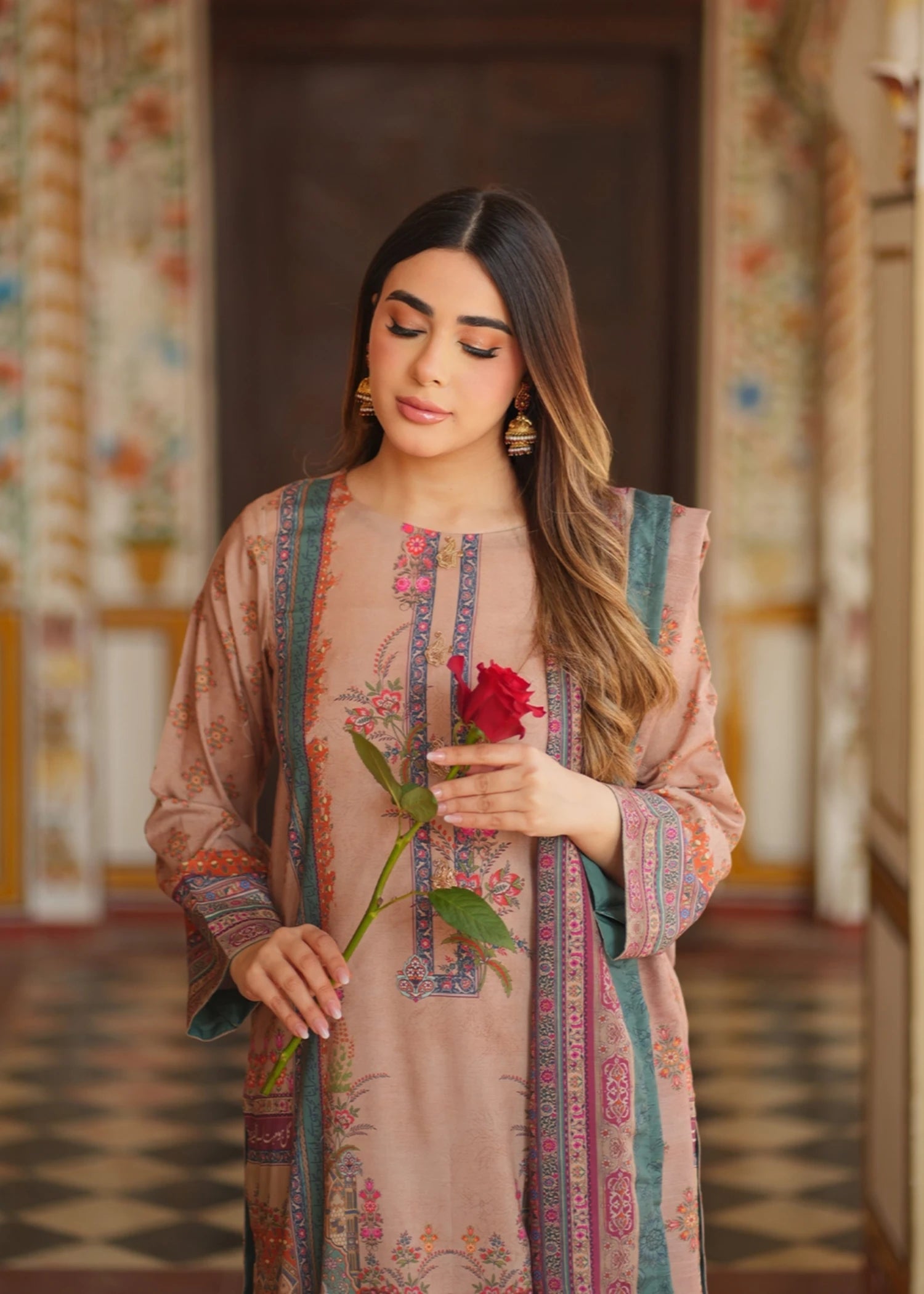 crepe Kurta Set in Almond brown