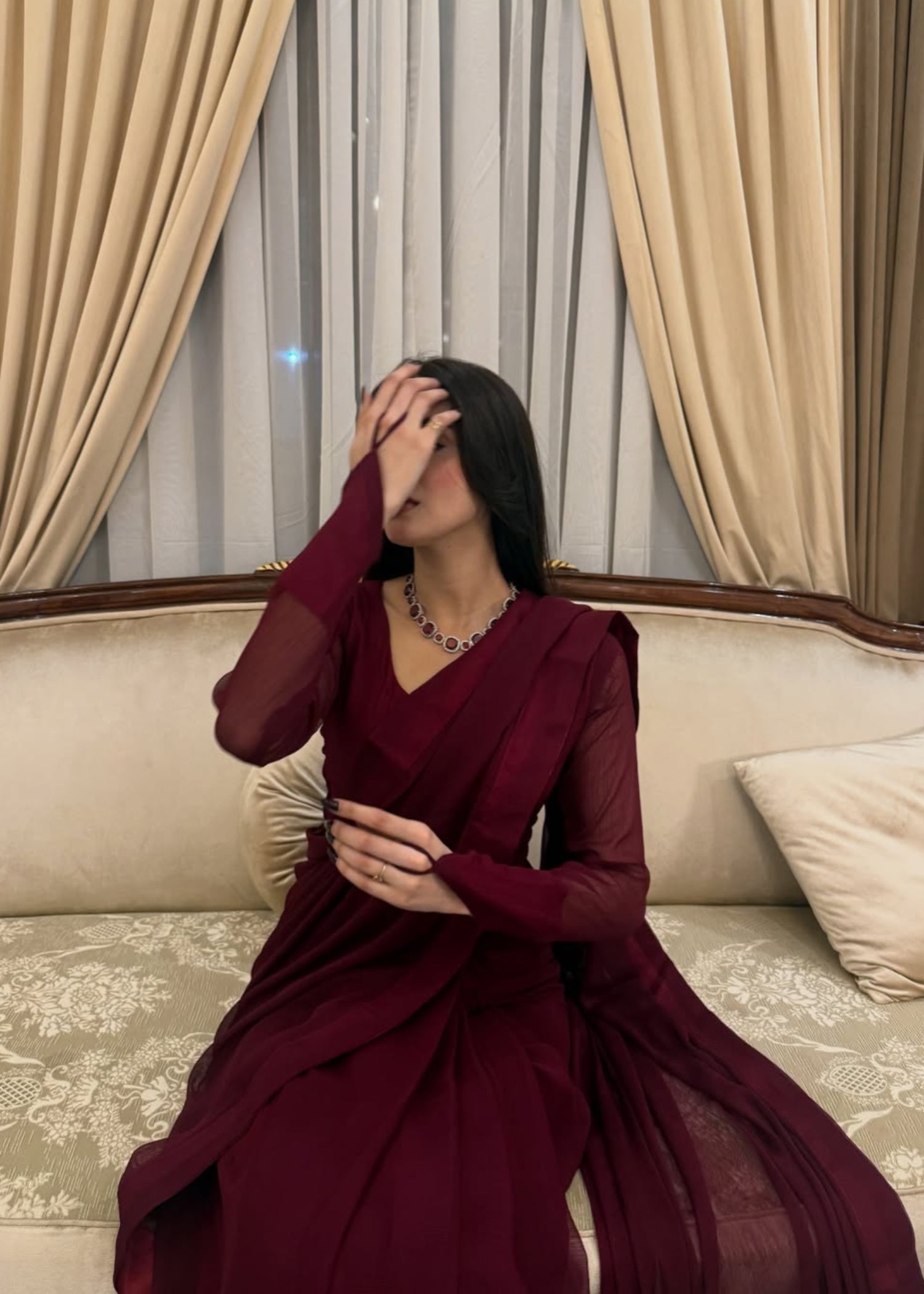 chiffon Saree in Blood red, maroon