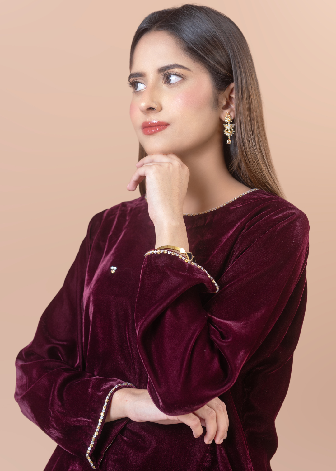 chinese micro velvet 9000 Kurta Set in Burgundy