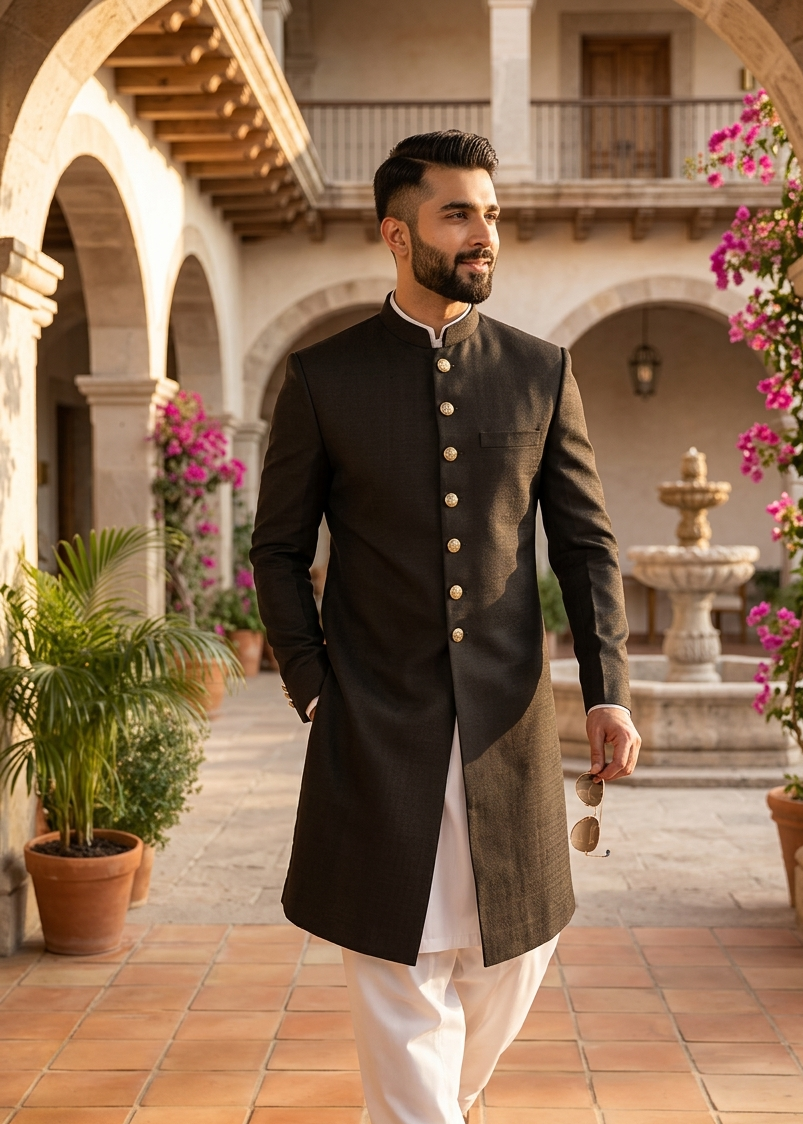 jamawar jacquard Sherwani in Army green
