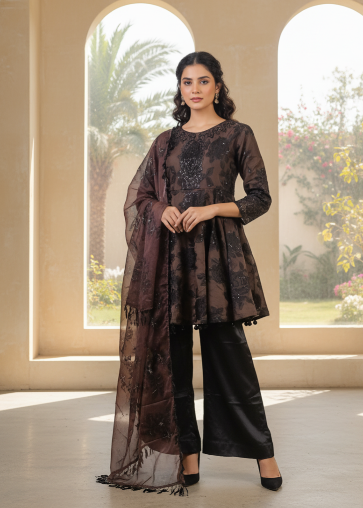organza silk Short Frock in Dark brown