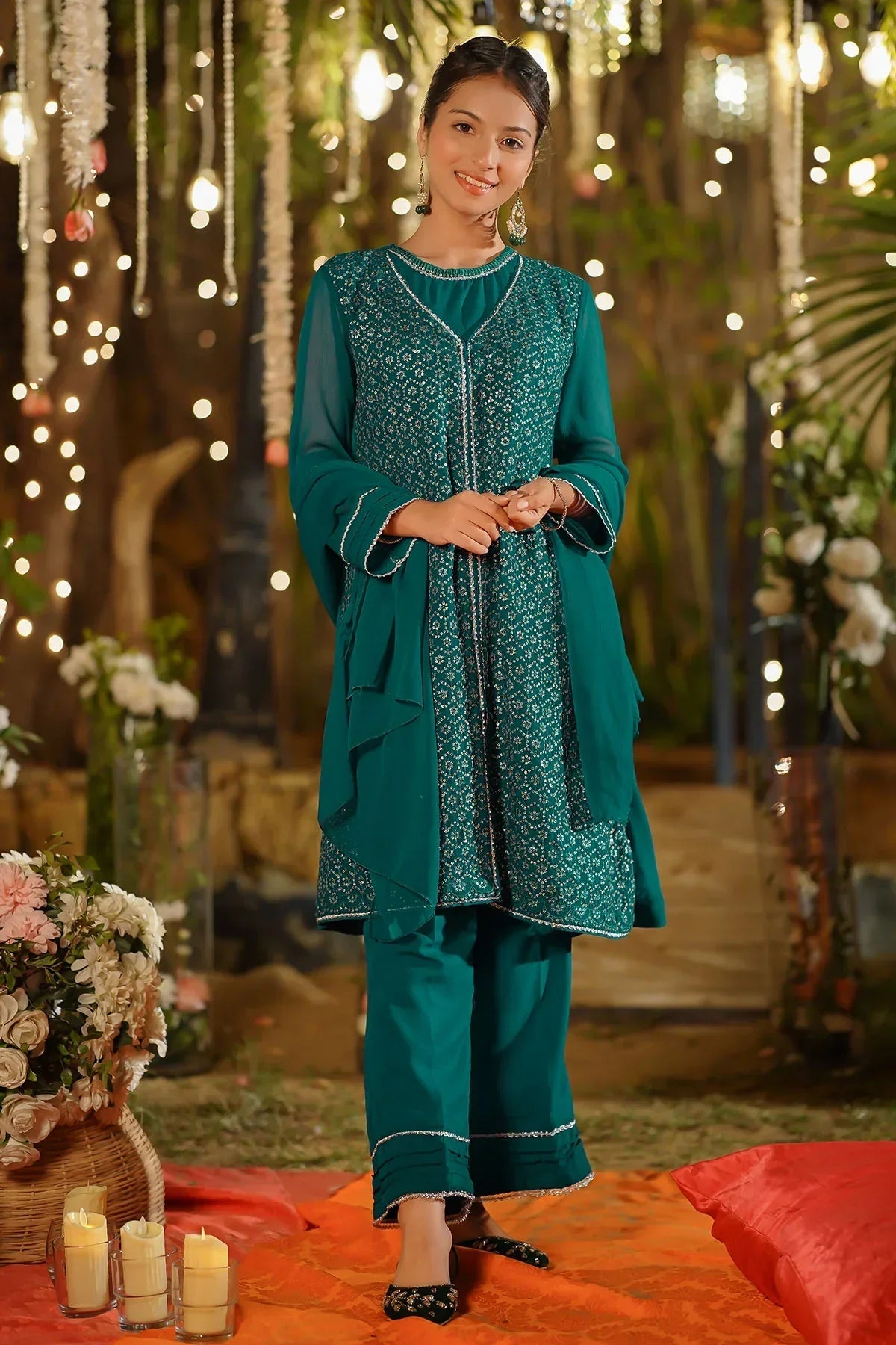 bemberg crinkle chiffon Short Frock in Bottle green