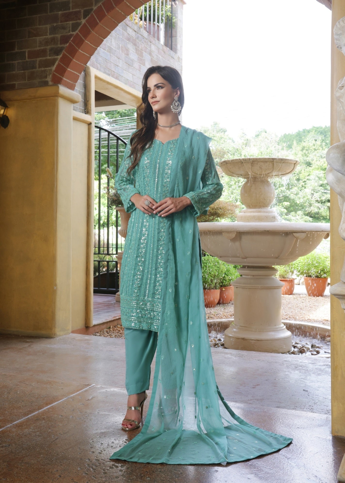 chiffon Kurta Set in Light cyan