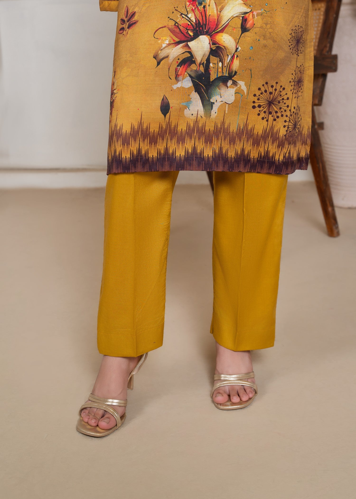 viscose linen Kurta Set in Yellow-orange