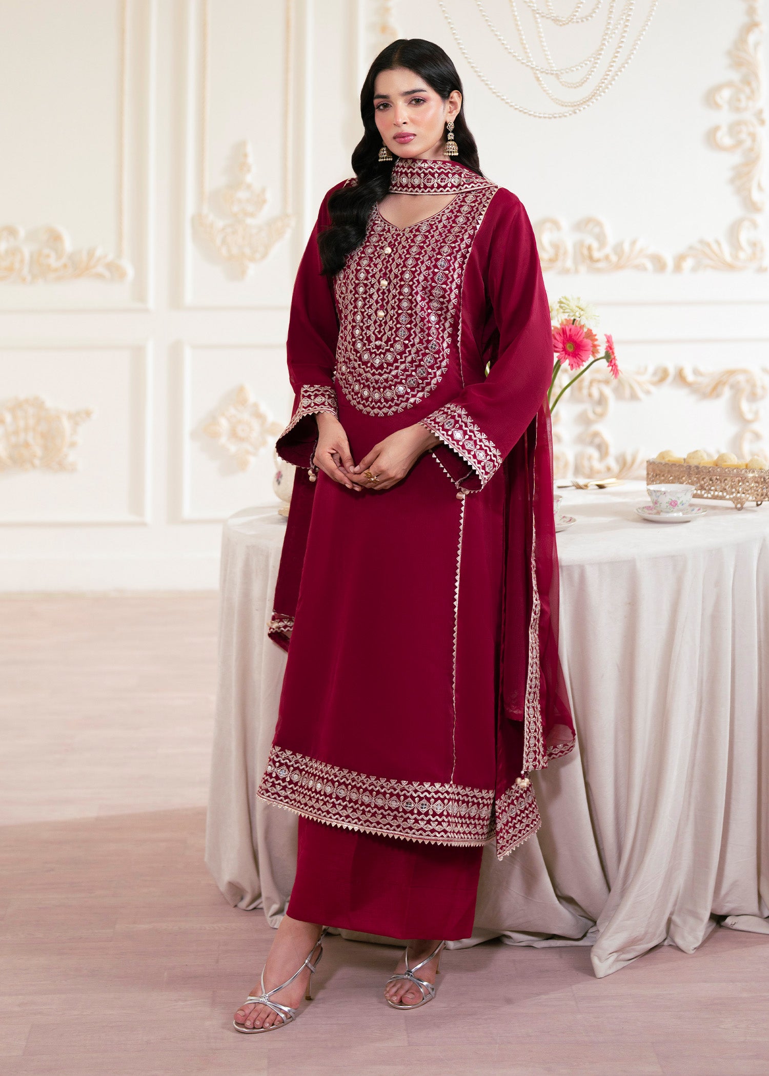 silk Kurta Set in Ruby red