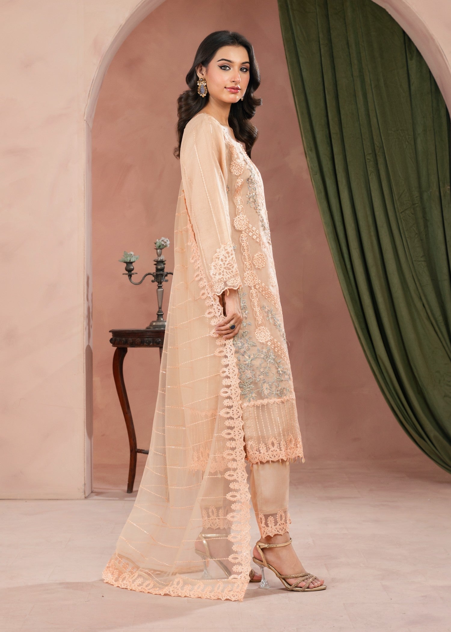 organza Kurta Set in Peach orange