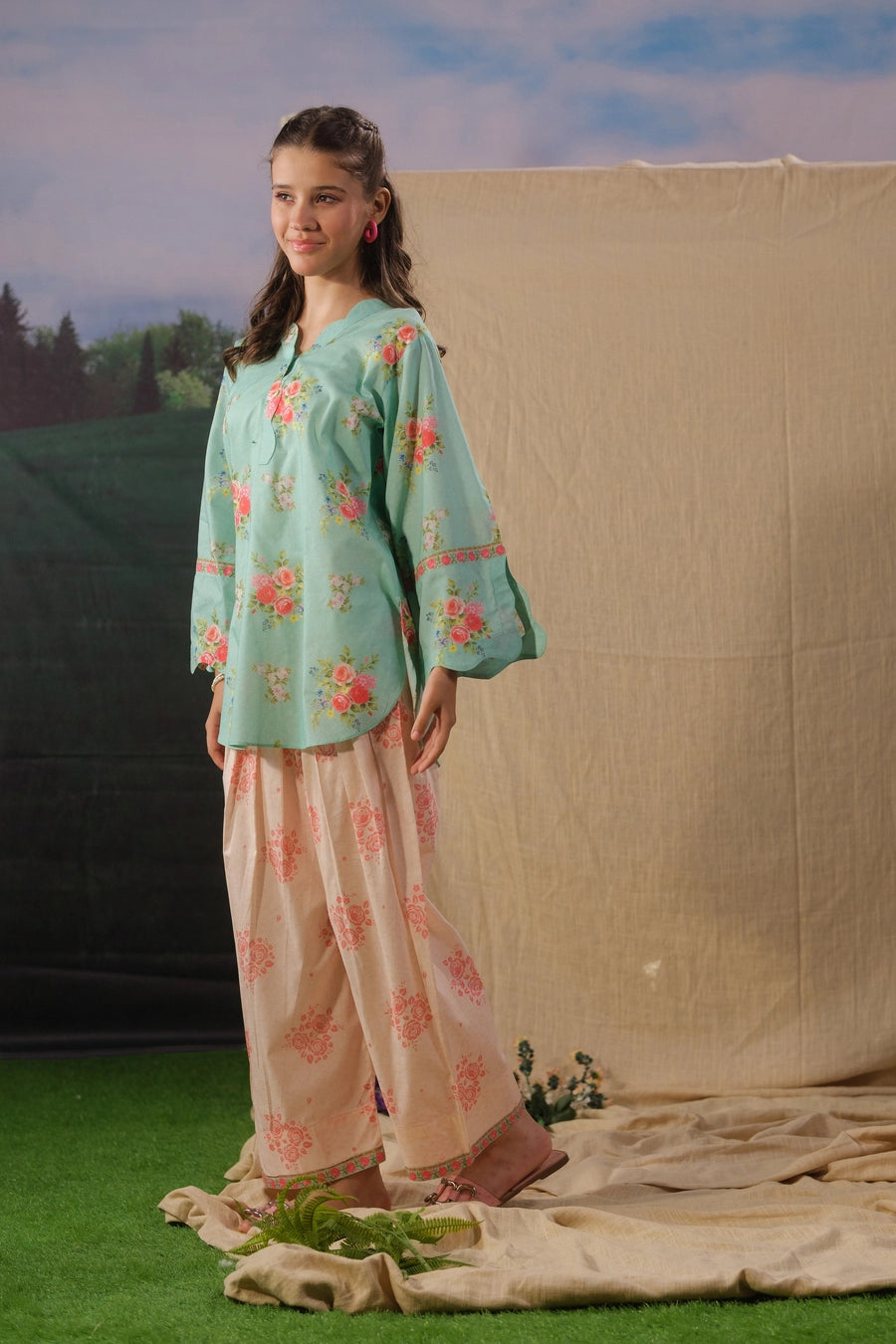 lawn cotton Kurta Set in Aquamarine