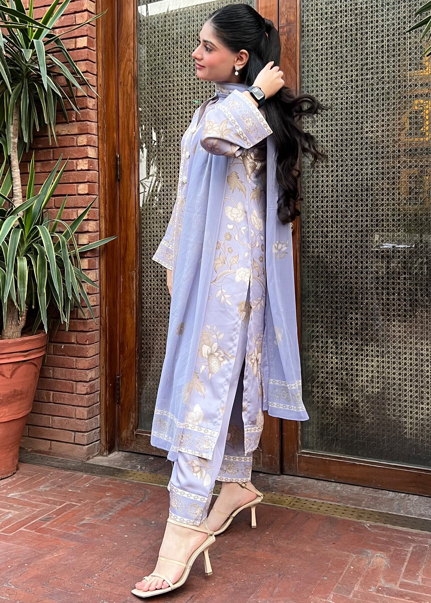 satin silk Kurta Set in Lilac