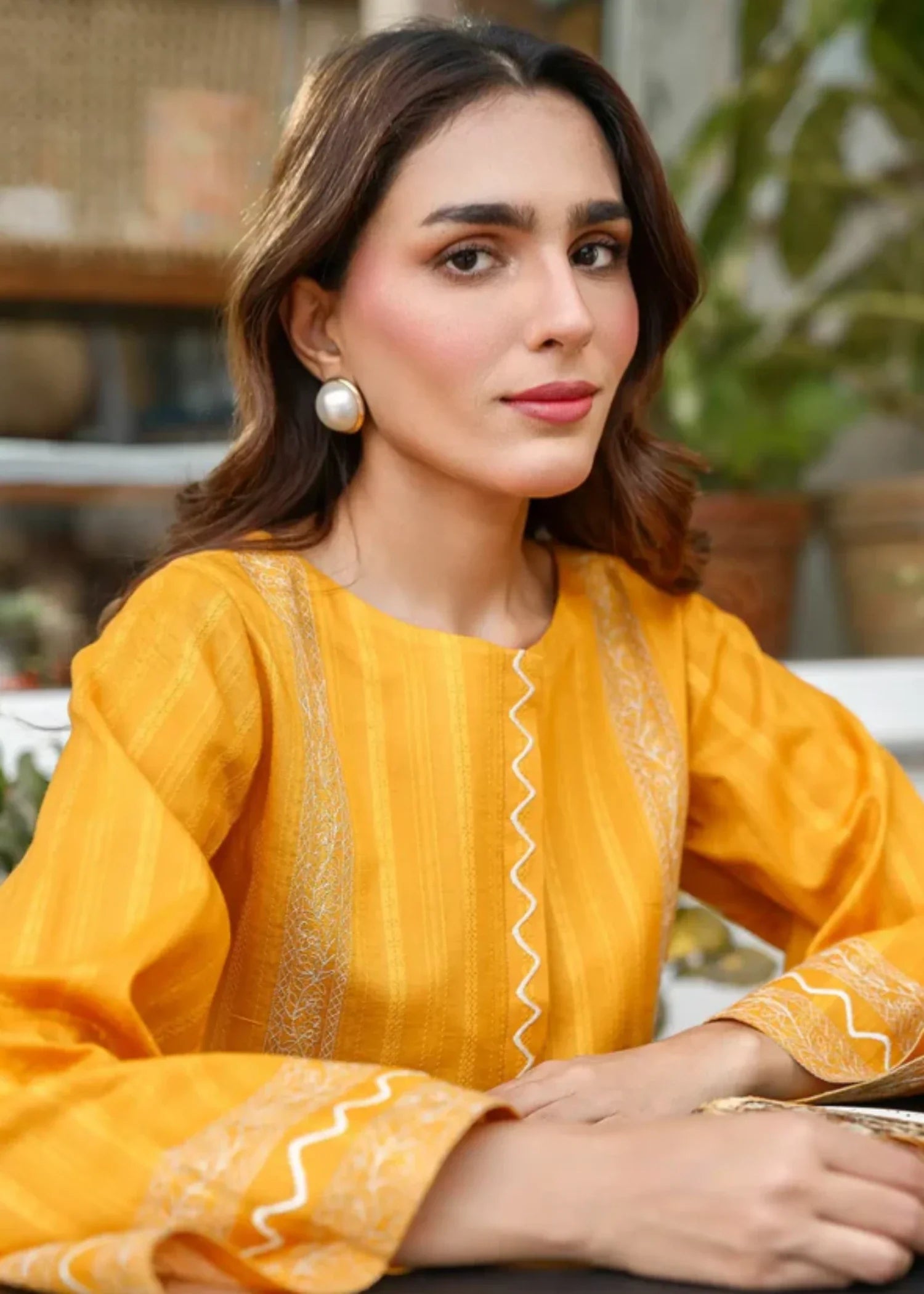textured lawn Kurta Set in Yellow-orange