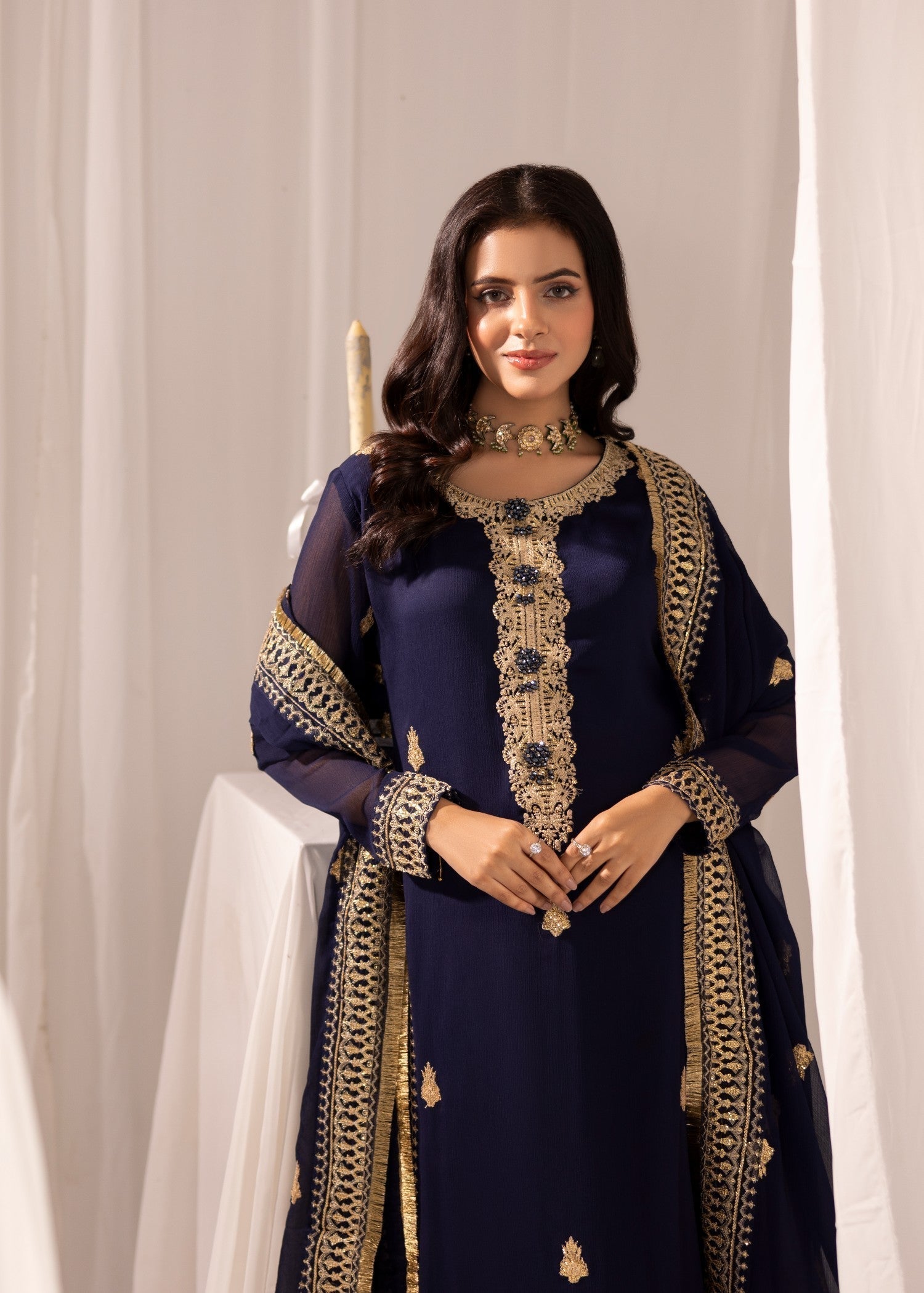 bemberg crinkle chiffon Kurta Set in Navy blue