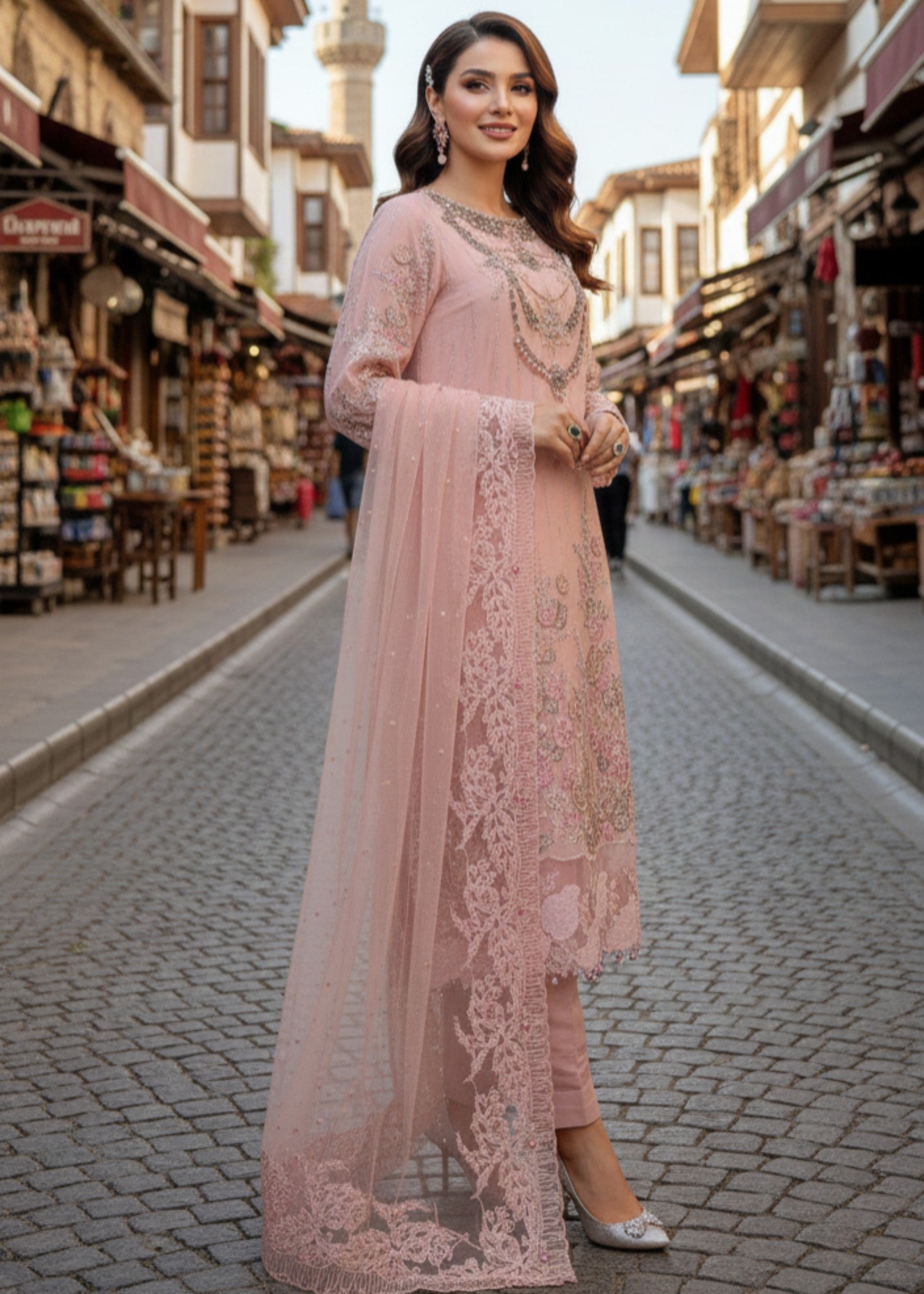 crinkle chiffon Kurta Set in Light pink