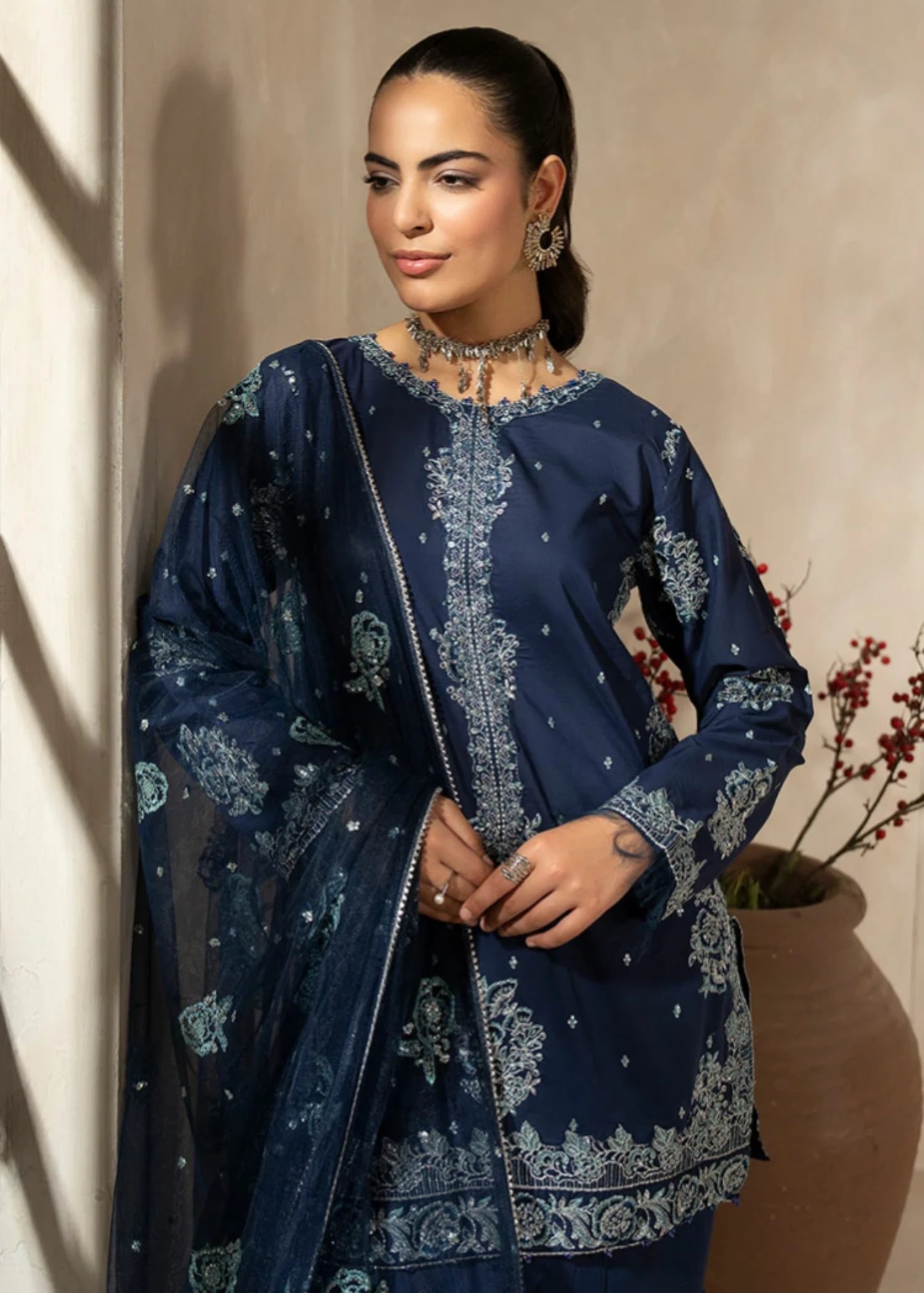cambric Gharara in Navy blue