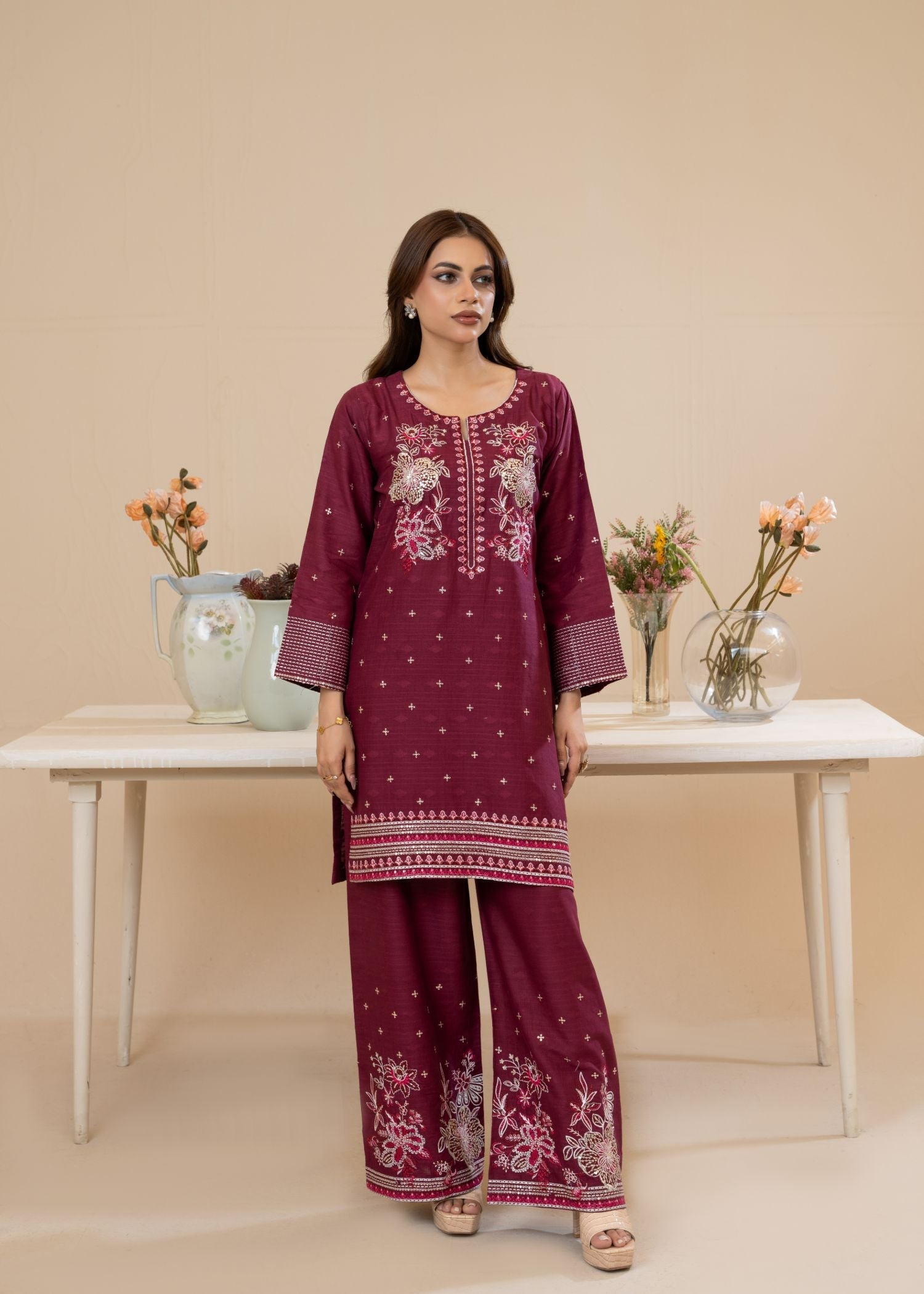 cotton jacquard Kurta Set in Wine
