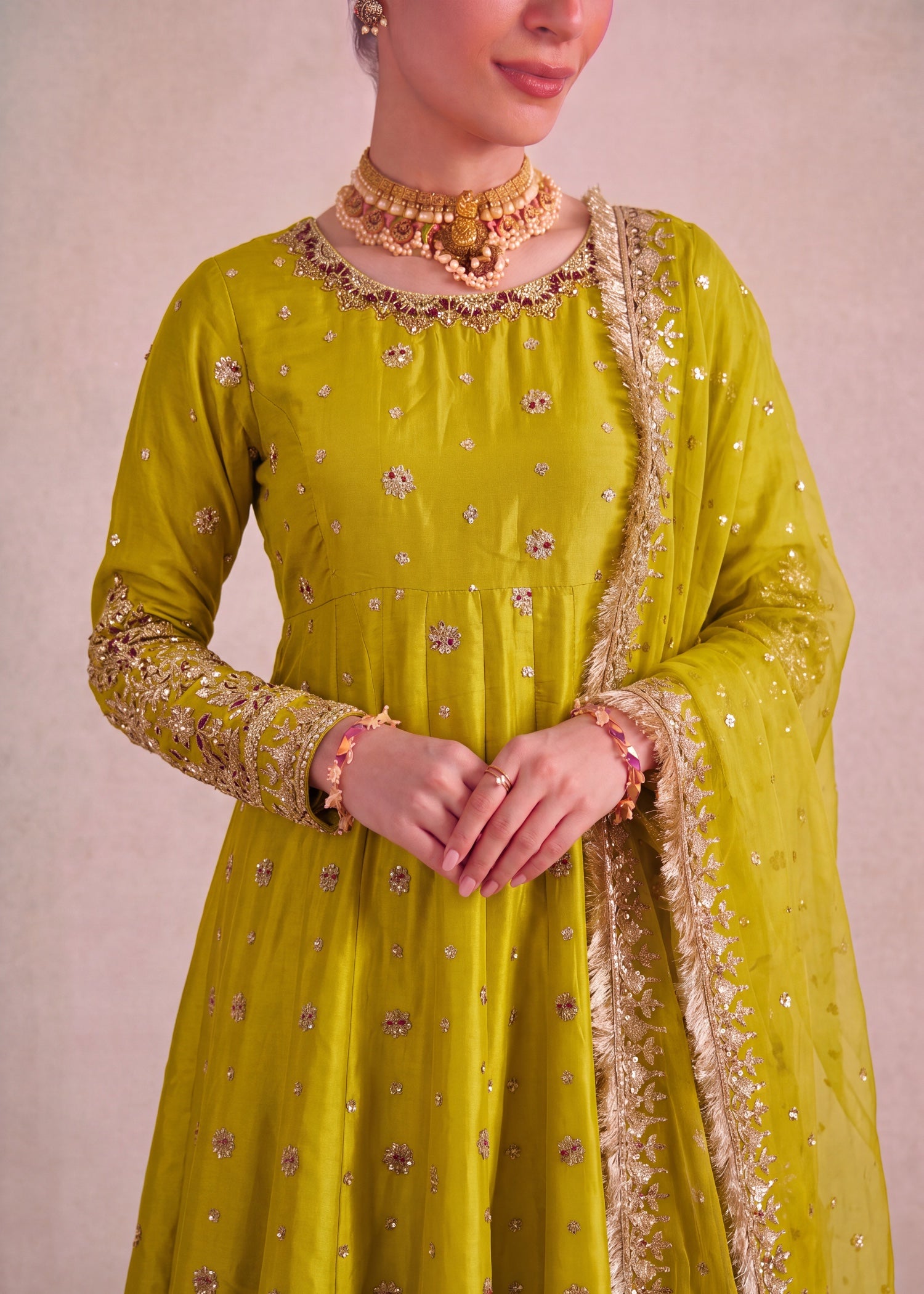silk Pishwas in Yellow green
