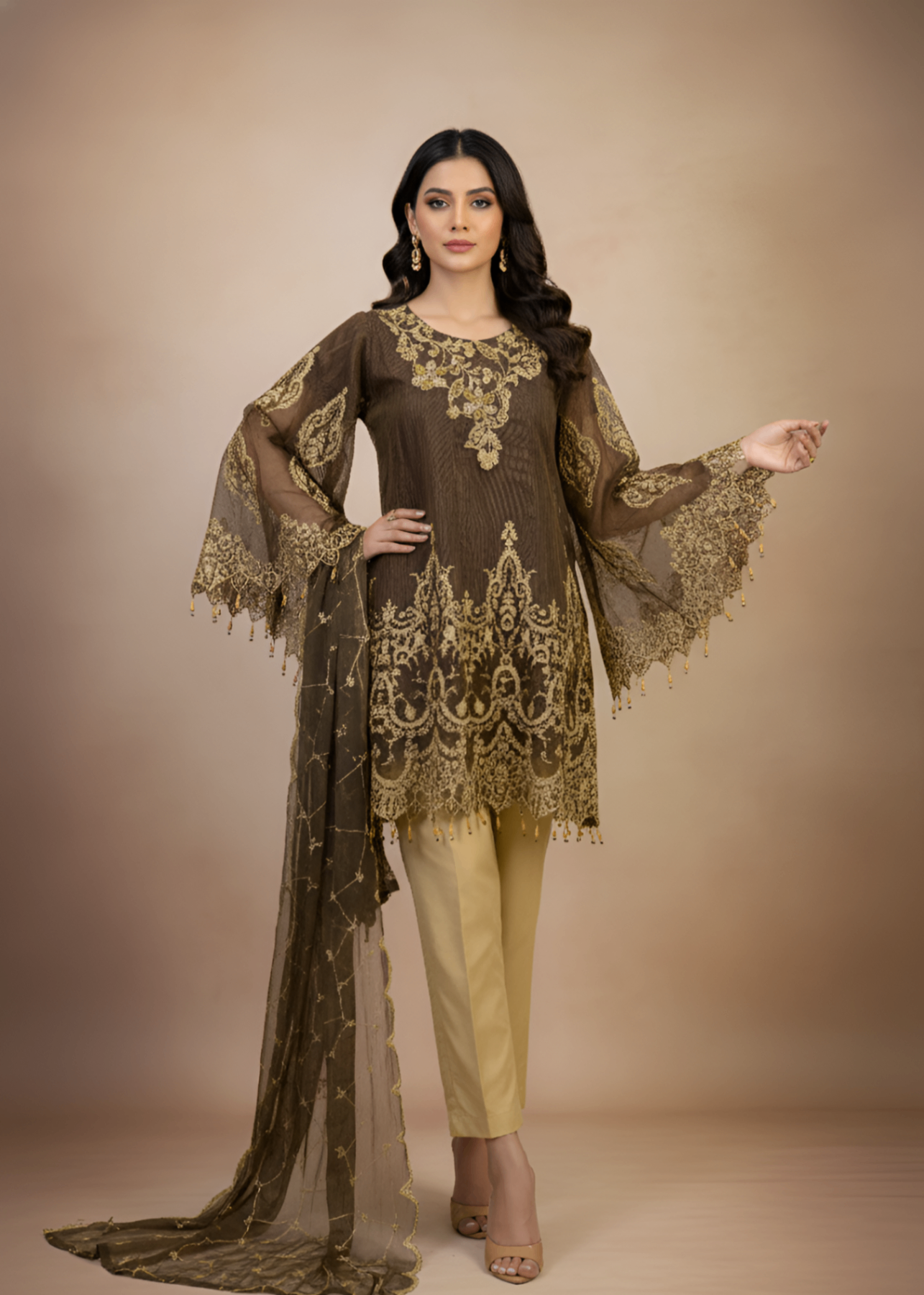 khaddi net Short Frock in Chocolate brown, coffee brown