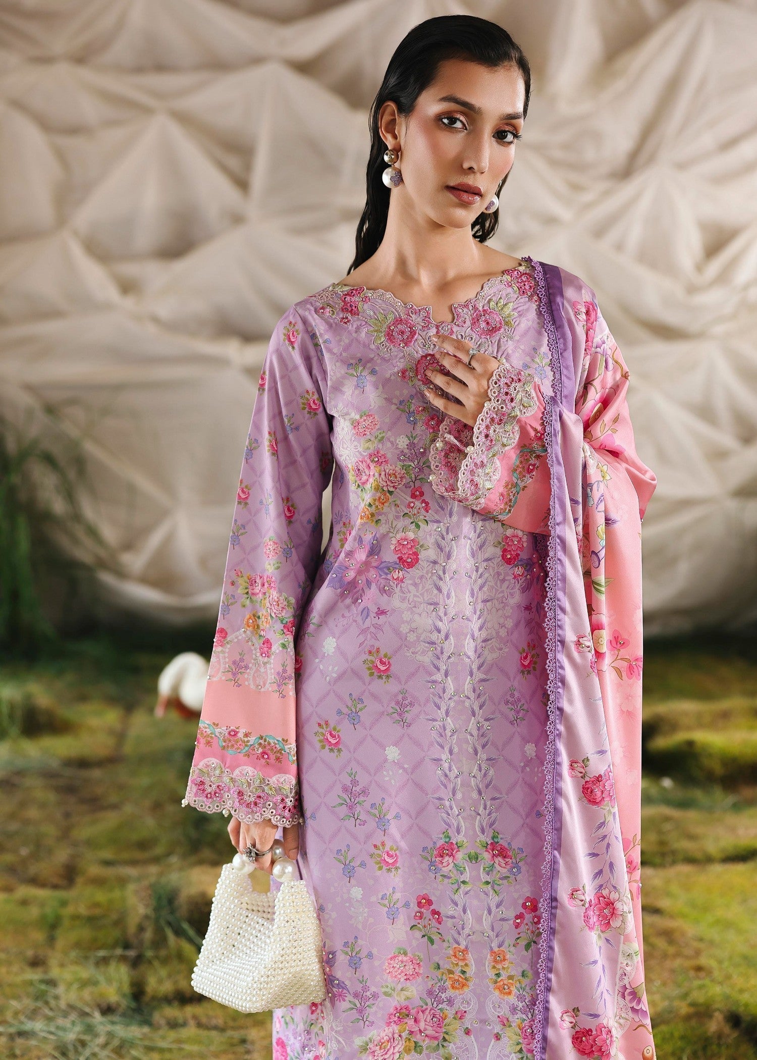 silk crepe Kurta Set in Lilac