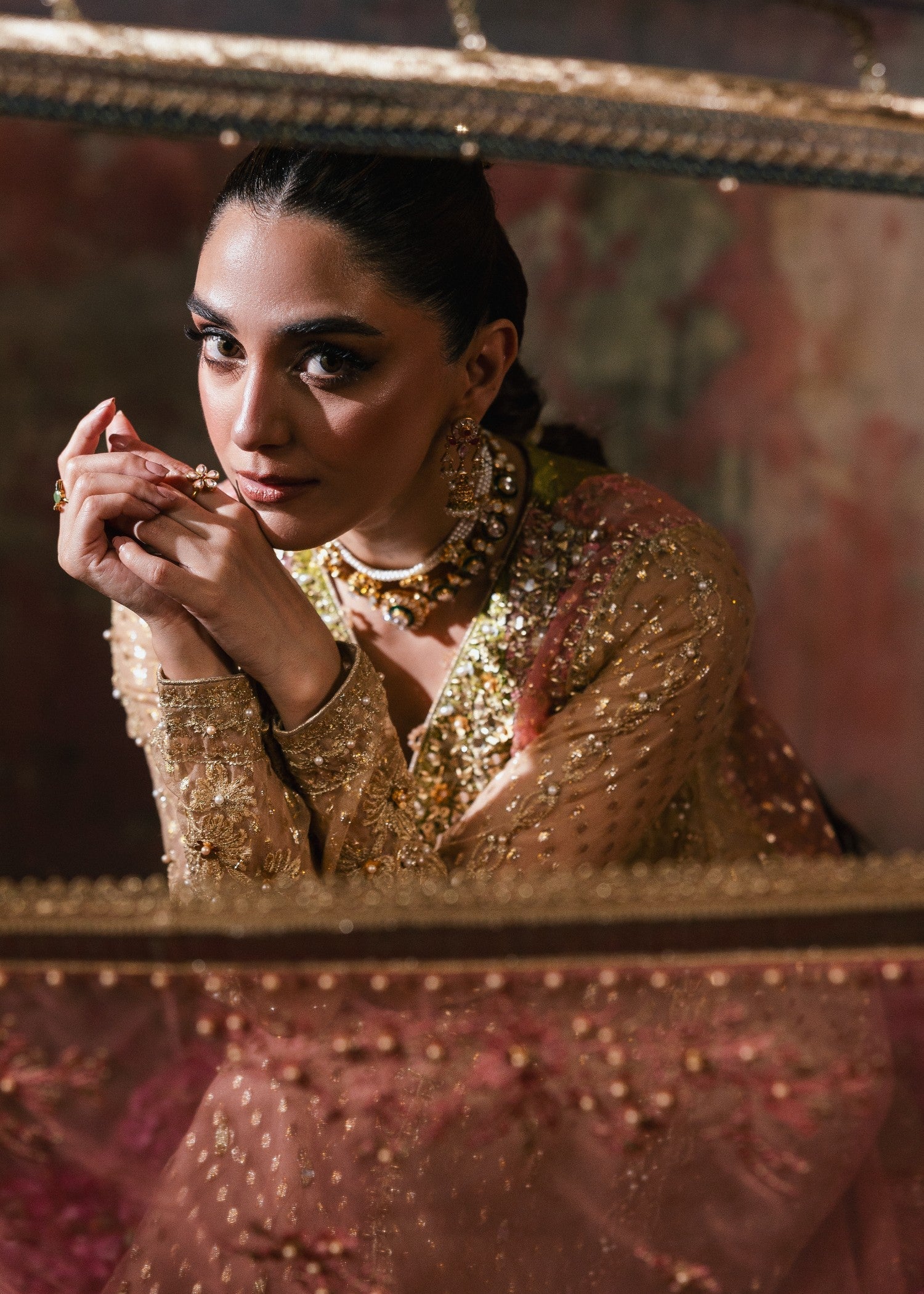 organza Pishwas in Olive green, coral orange