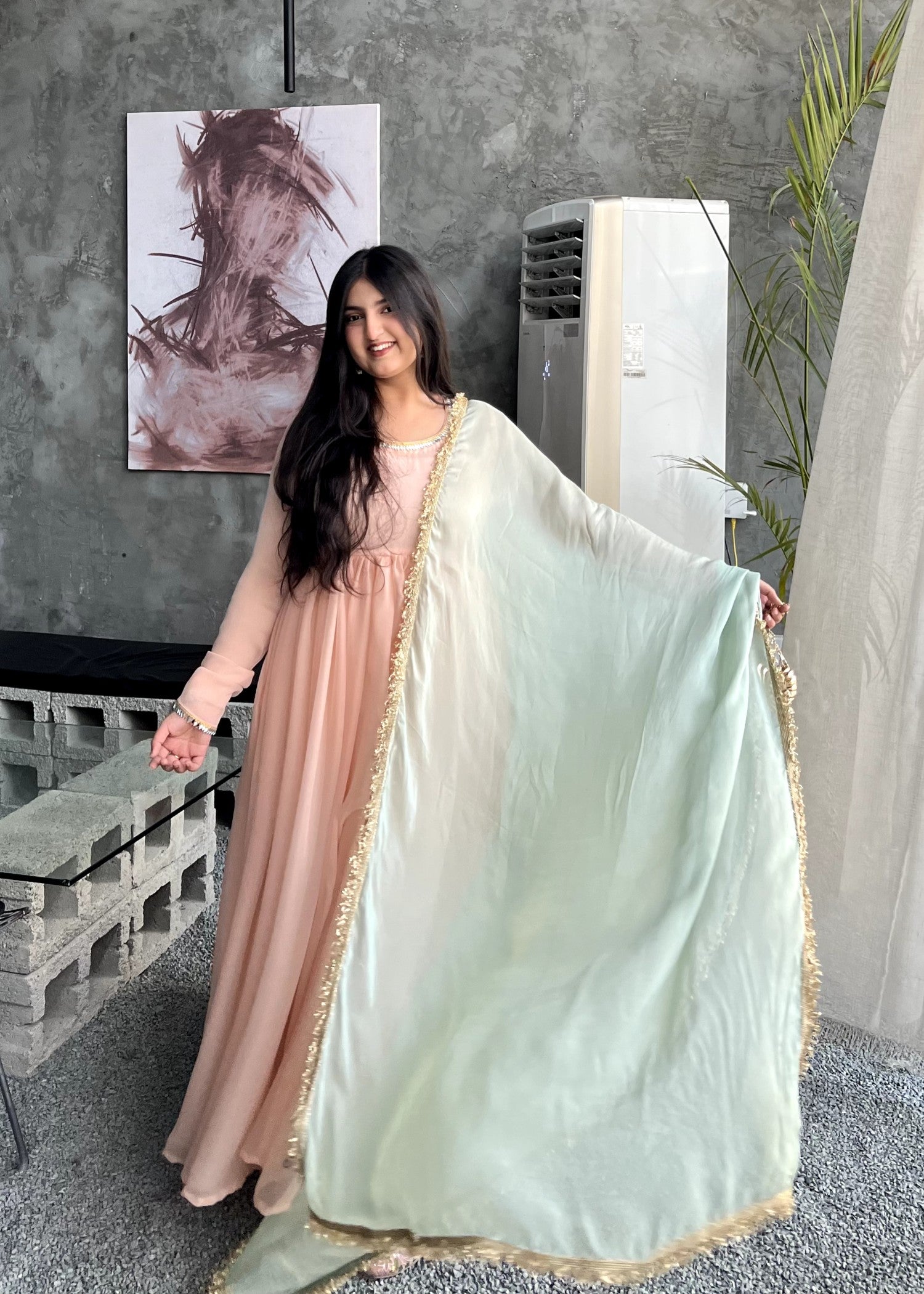 bemberg crinkle chiffon Maxi in Pink, pistachio green
