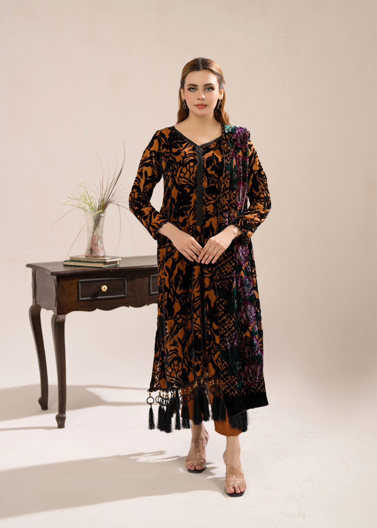 velvet Kurta Set in Burnt orange