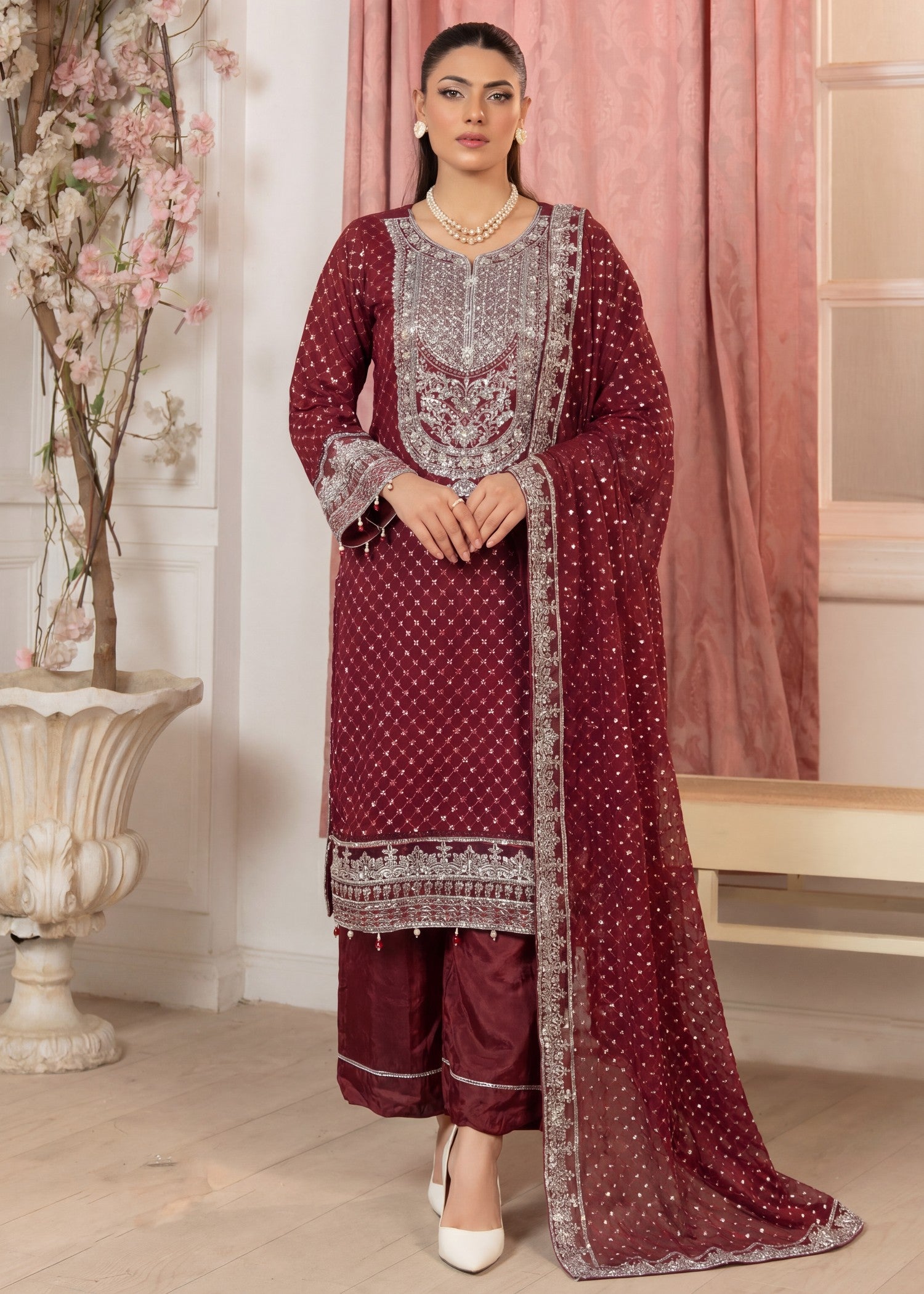 chiffon Kurta Set in Blood red