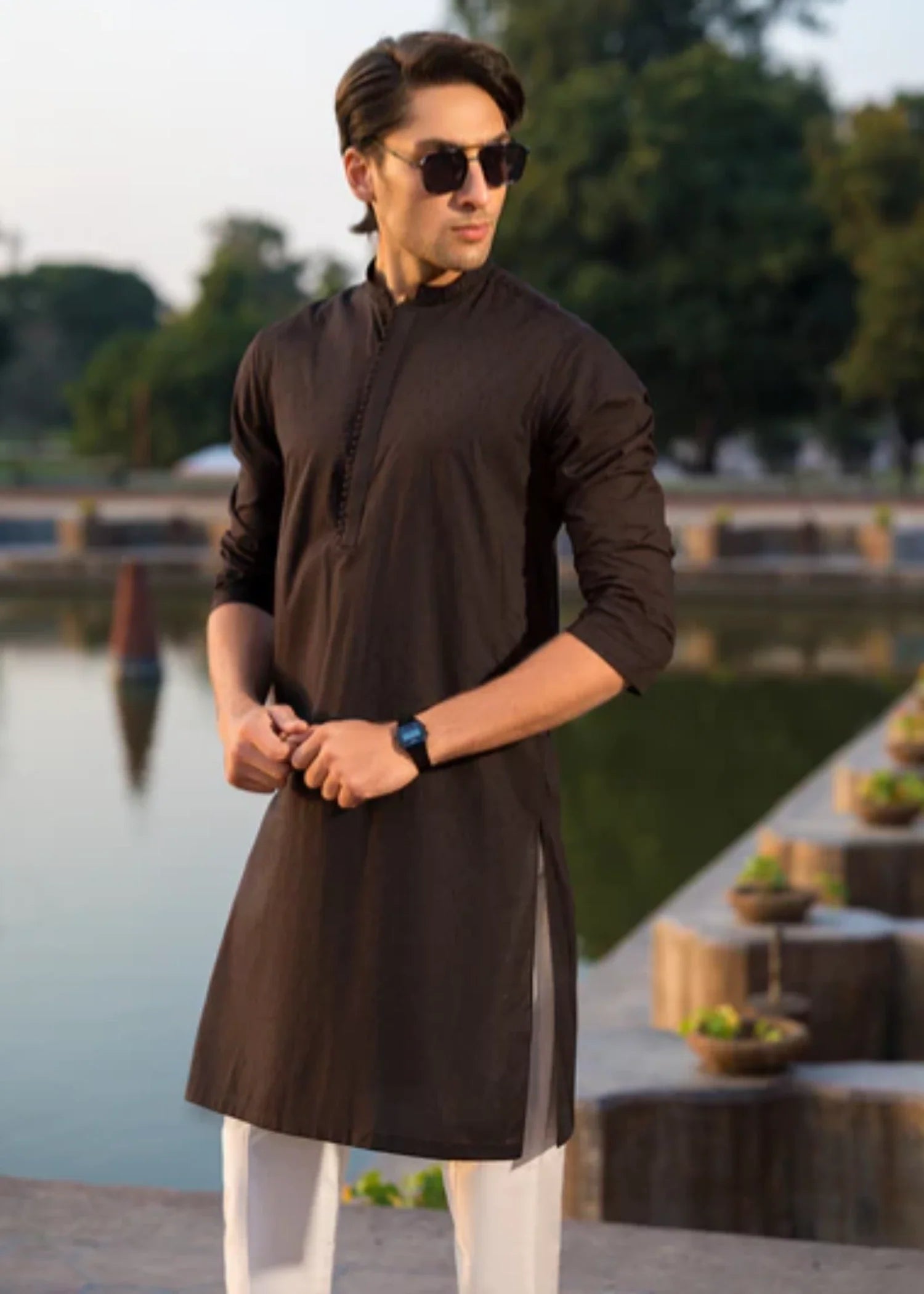 cotton jacquard Kurta in Black
