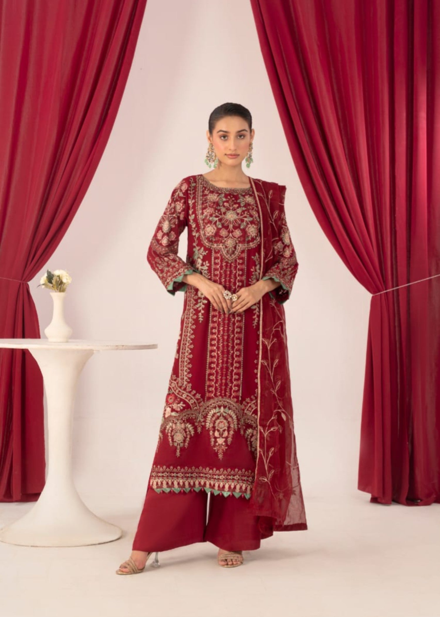 chiffon Kurta Set in Cherry red