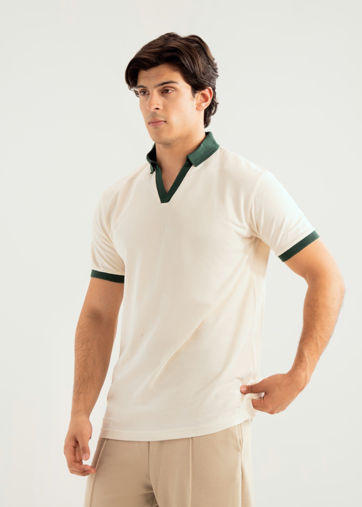 cotton pique Polo Shirt in Dark green, off-white