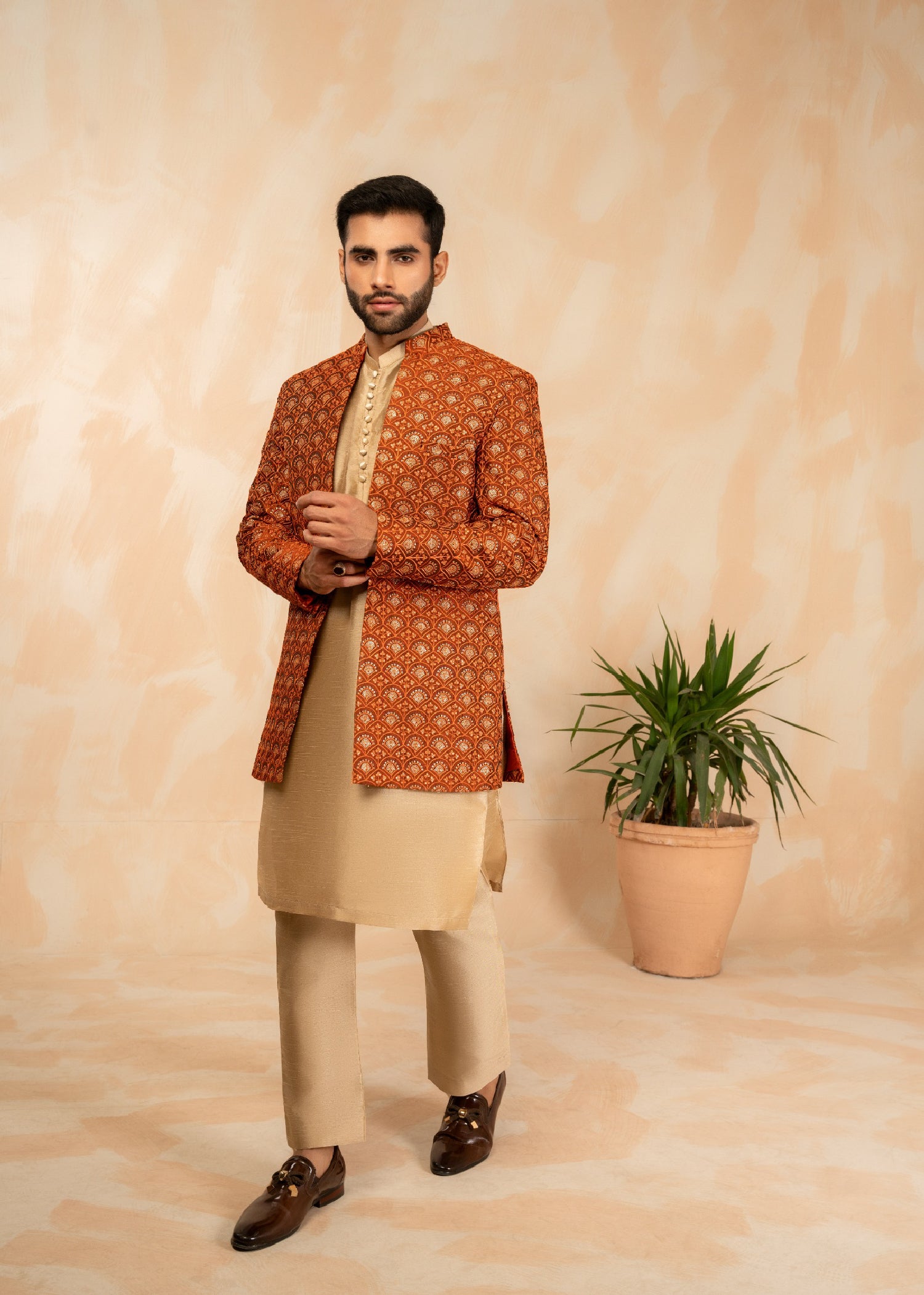 textured wash & wear Prince Coat in Rust orange