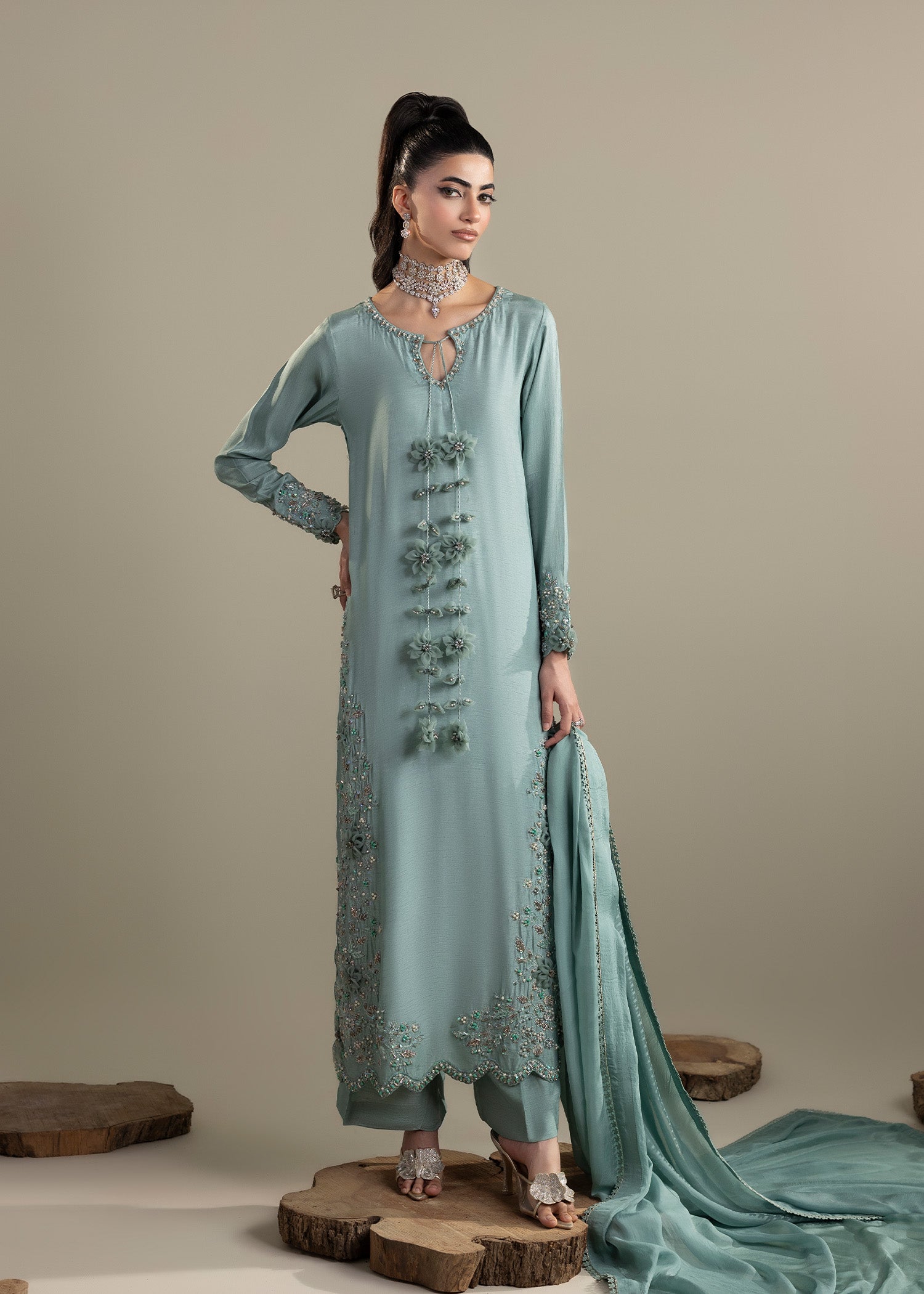 raw silk Kurta Set in Light blue