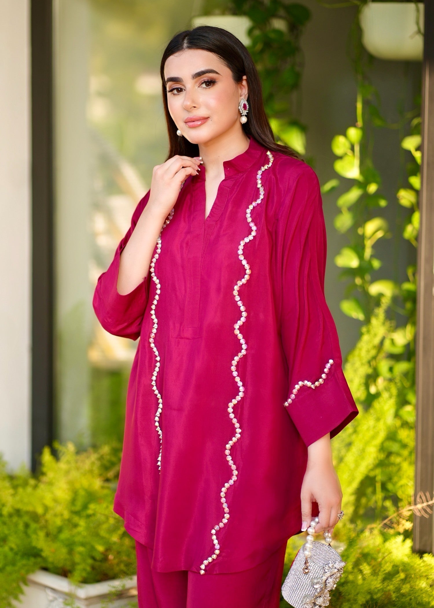 thai silk Kurta Set in Cherry red