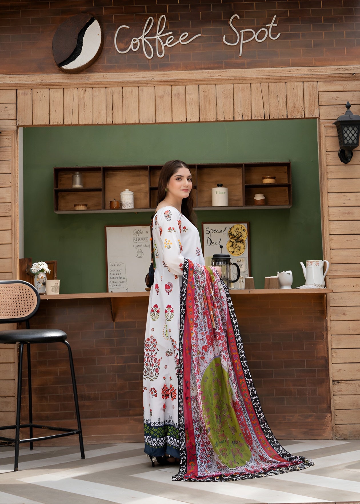 poly lawn Anarkali in White