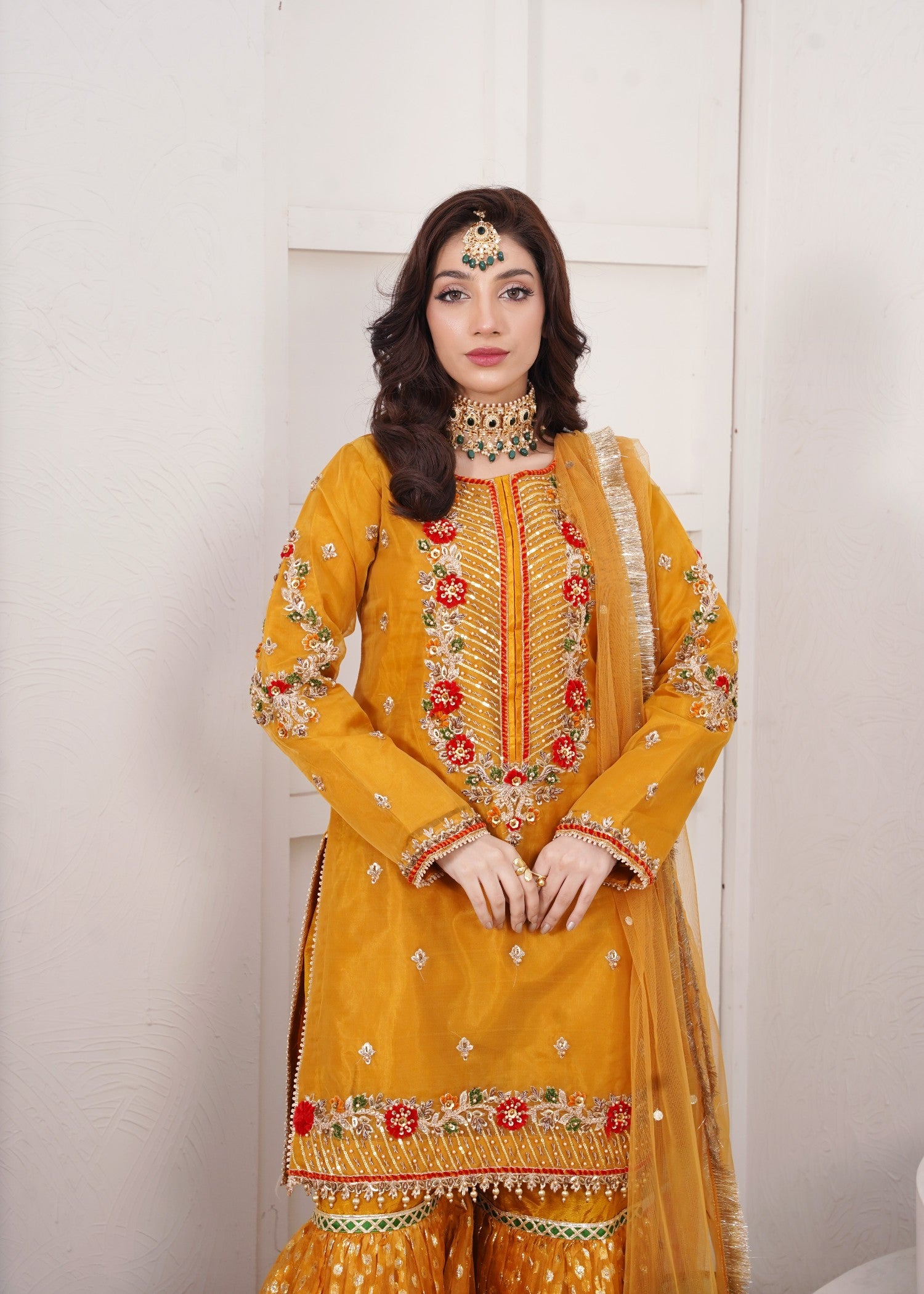 organza Gharara in Mustard
