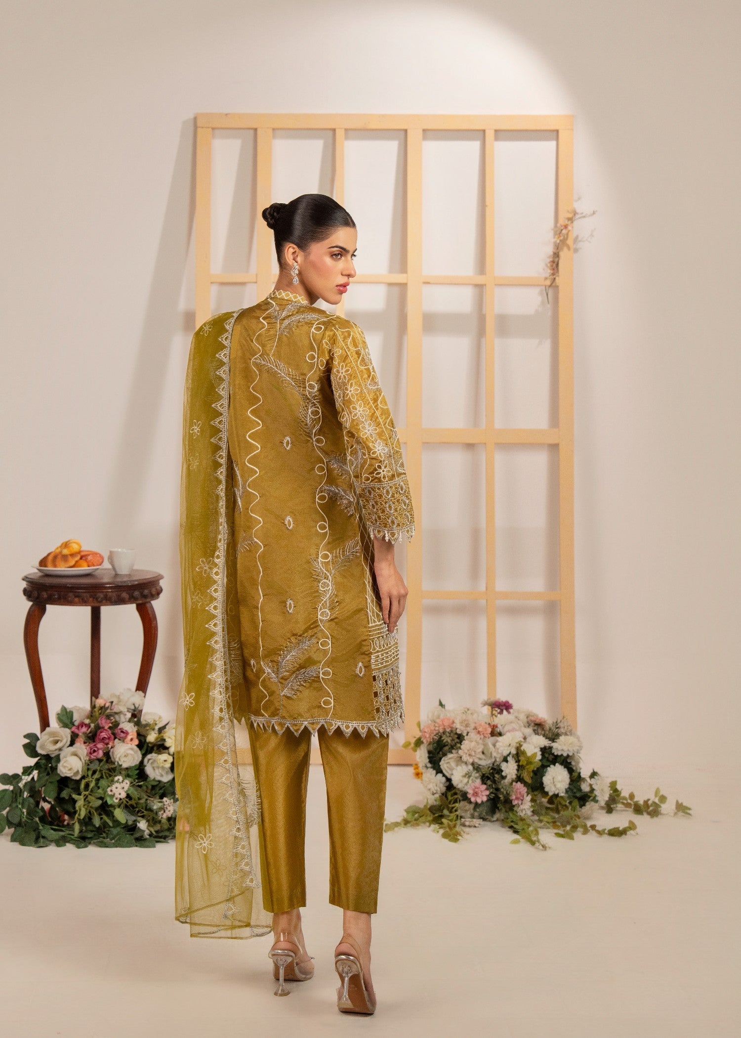 raw silk Gown in Olive green