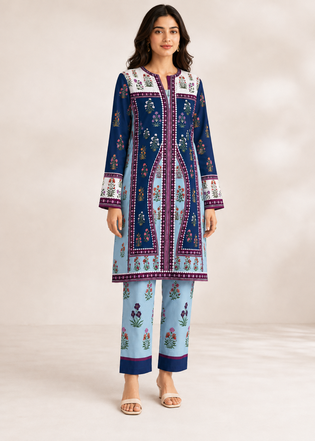 lawn Unstitched in Ice blue, navy blue, white