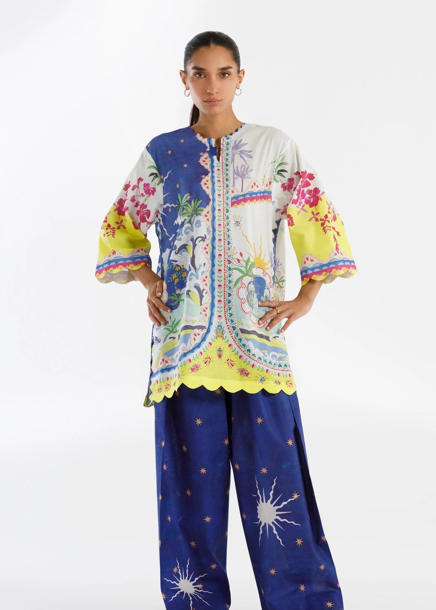 slub lawn Kurta Set in Blue