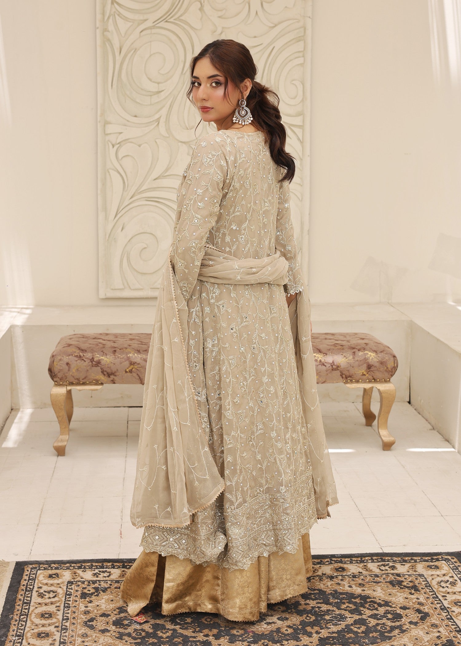 bemberg crinkle chiffon Lehenga in Eggshell