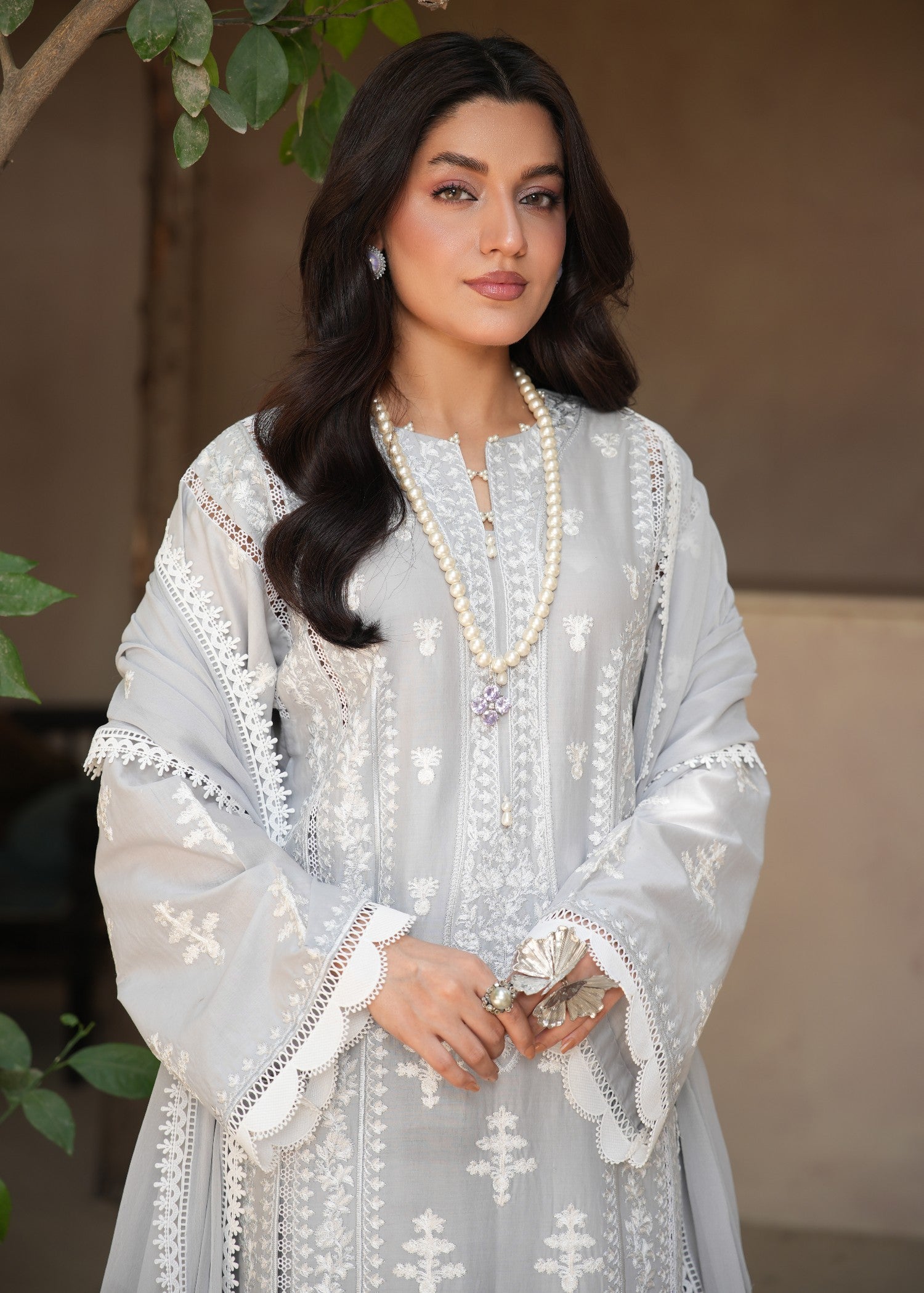 lawn Kurta Set in Ash grey, silver