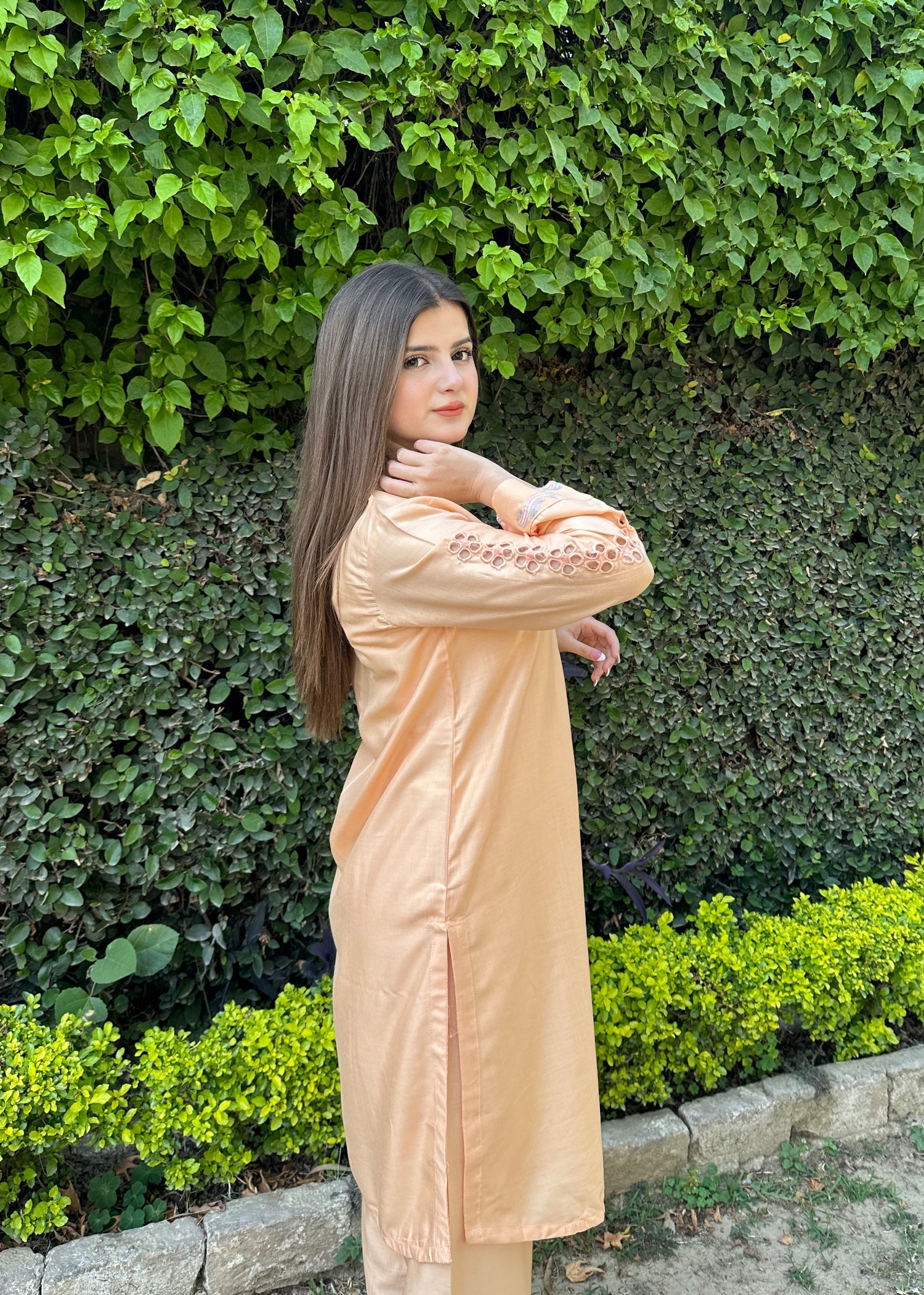 arabic lawn Kurta Set in Peach orange