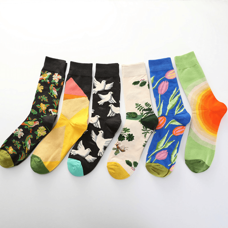 Men Dove Tulips Birds and Flowers Illustration Fashion Socks