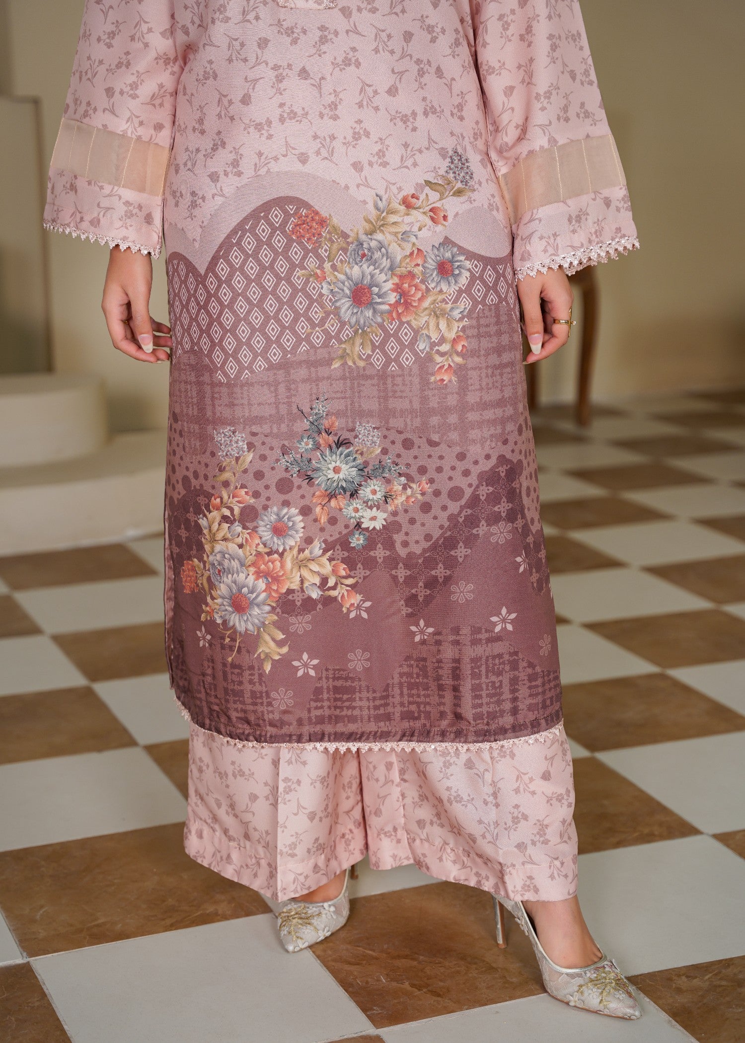 poly lawn Kurta Set in Peach pink