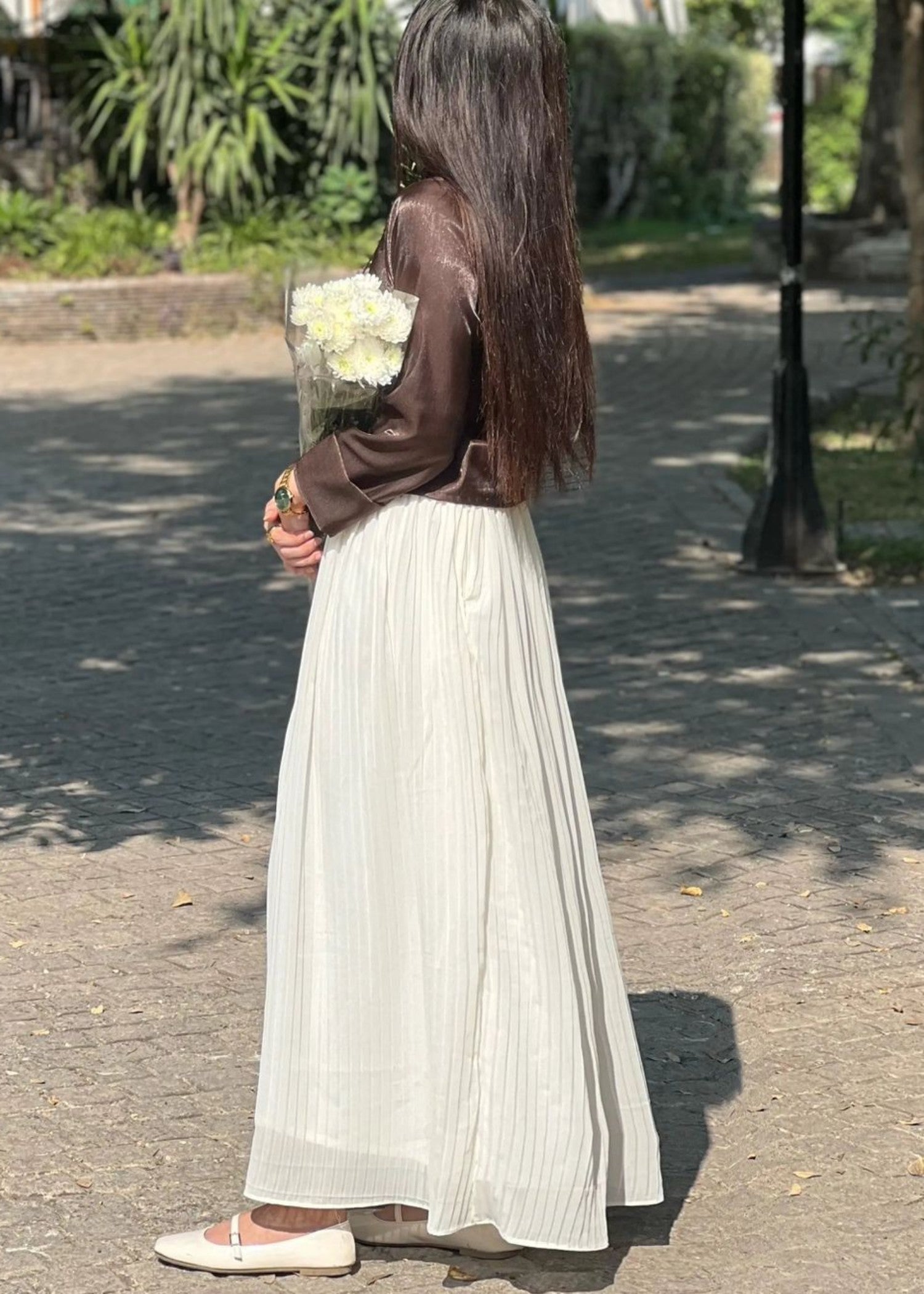 silk Skirt in Chocolate brown, white