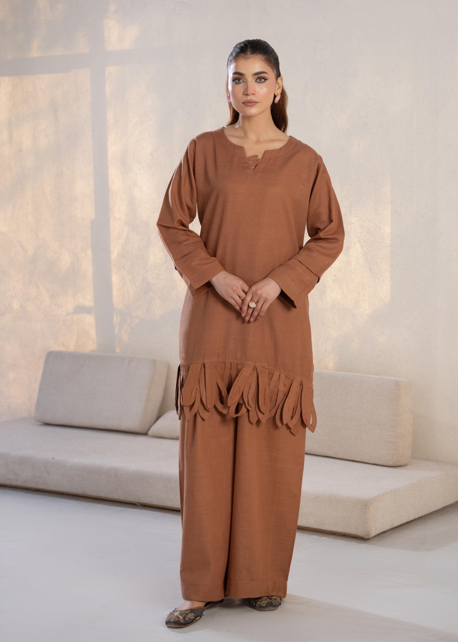 slub khaddar Kurta Set in Coffee brown